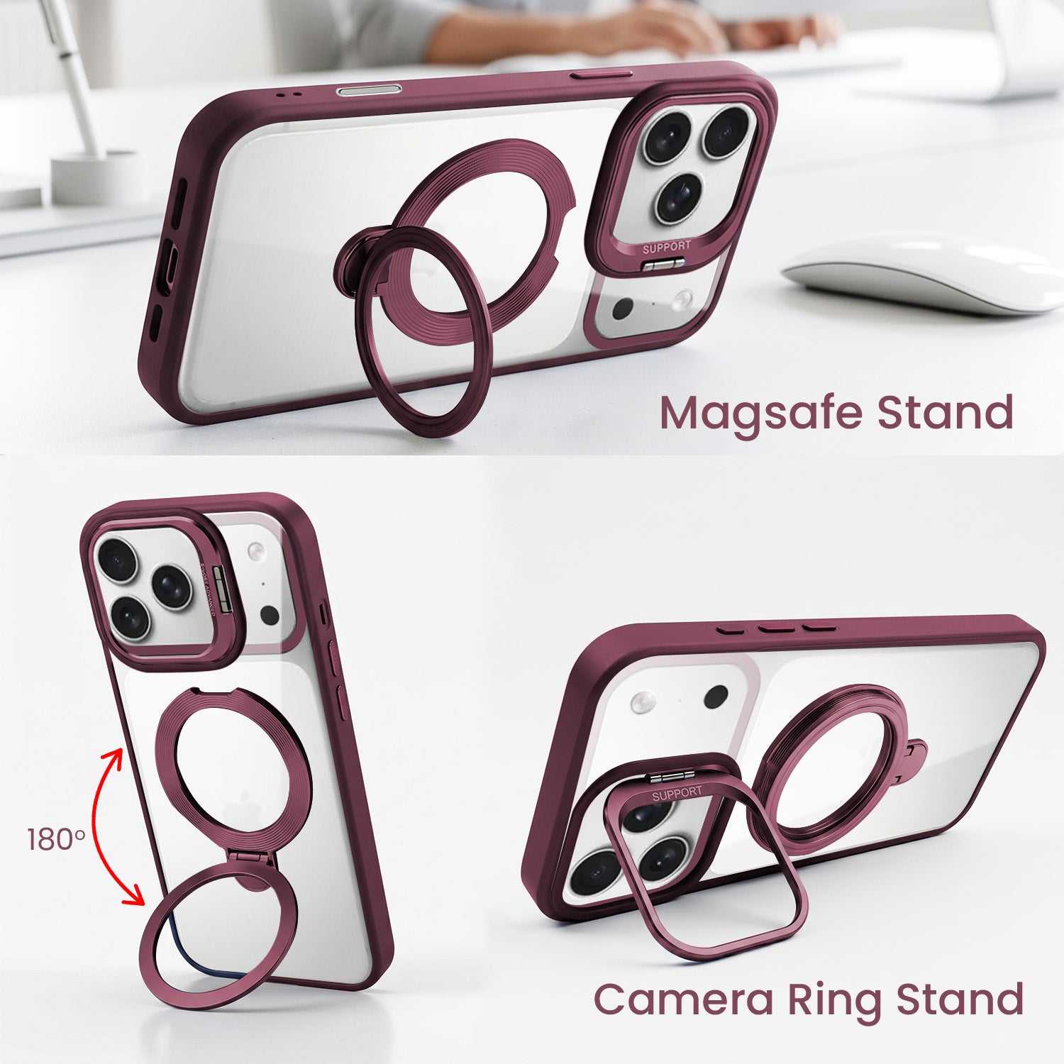 For iPhone 17 Pro Back Cover Case Crystal (Lifetime Anti Yellow | Magnetic Ring Stand | Camera Lens Protection | MagSafe Compatible)