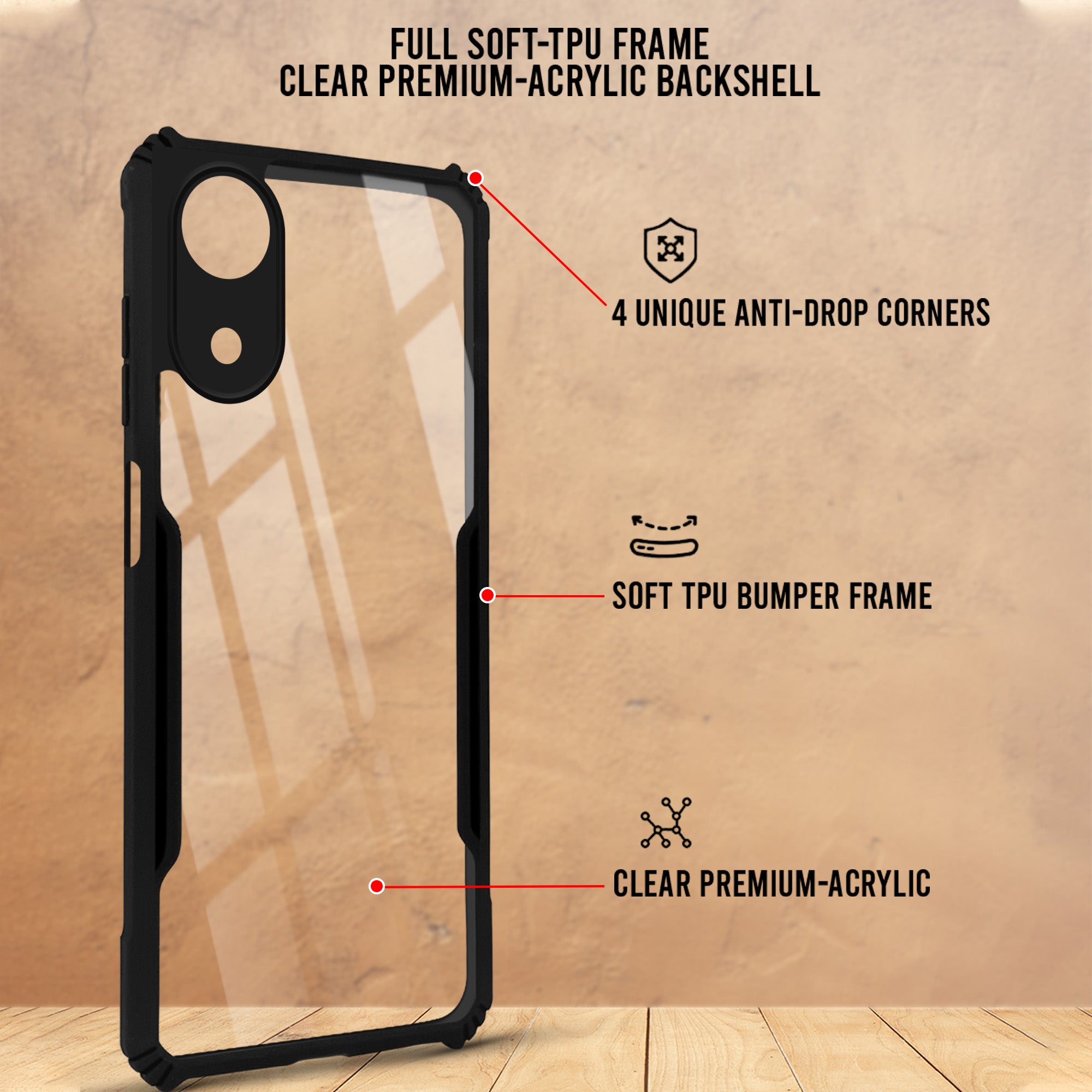 For Vivo T5e 5G Back Cover Case Hybrid (Shockproof with Polycarbonate Clear Panel | Professional Black)