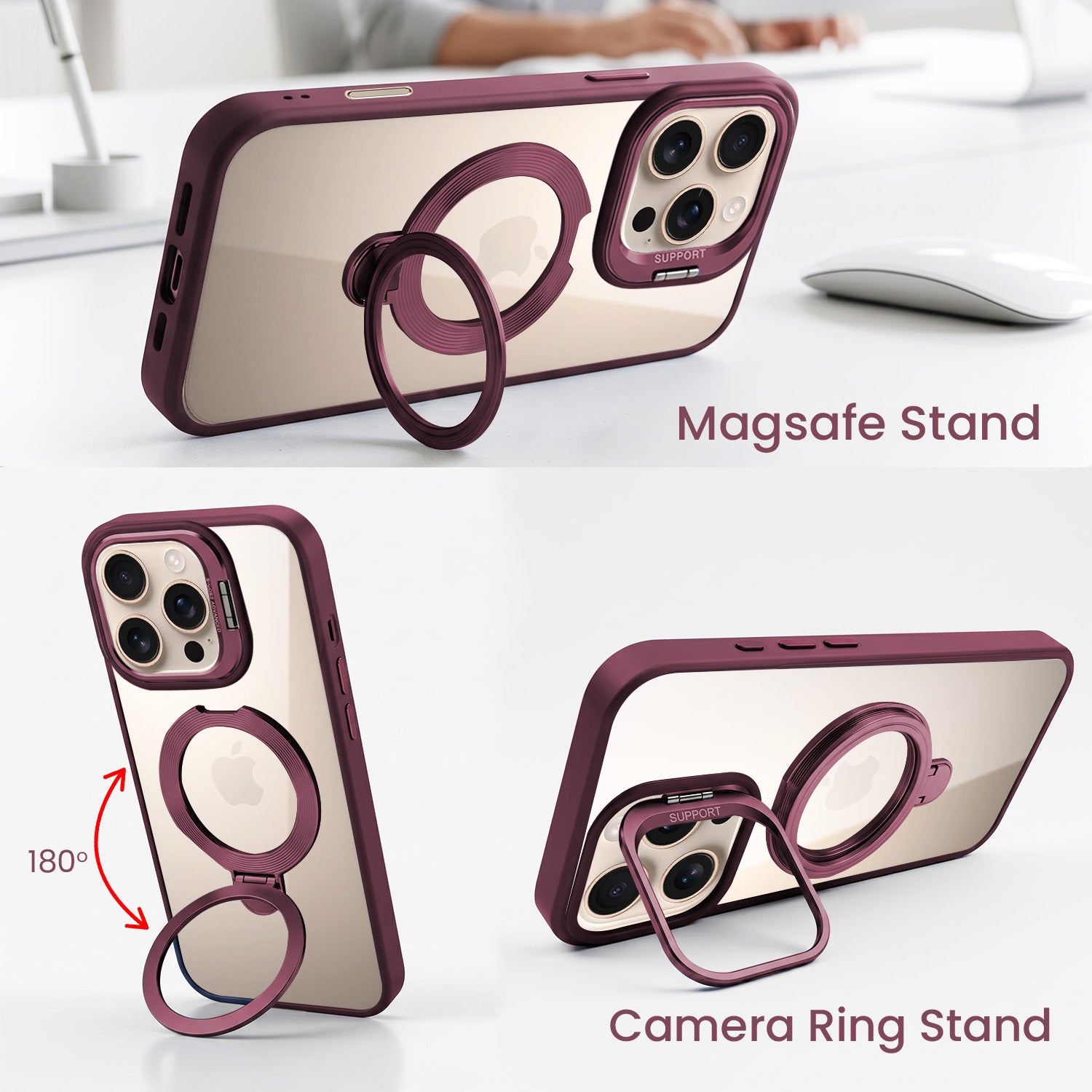 For Apple iPhone 16 Pro Back Cover Case Crystal (Lifetime Anti Yellow | Magnetic Ring Stand | Camera Lens Protection | MagSafe Compatible)