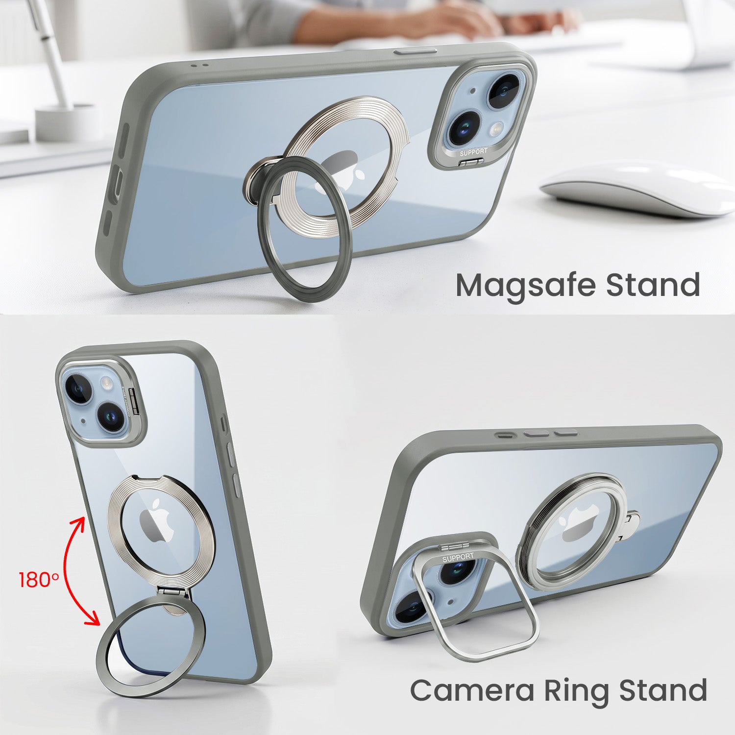 For Apple iPhone 14 Back Cover Case Crystal (Lifetime Anti Yellow | Magnetic Ring Stand | Camera Lens Protection | MagSafe Compatible)