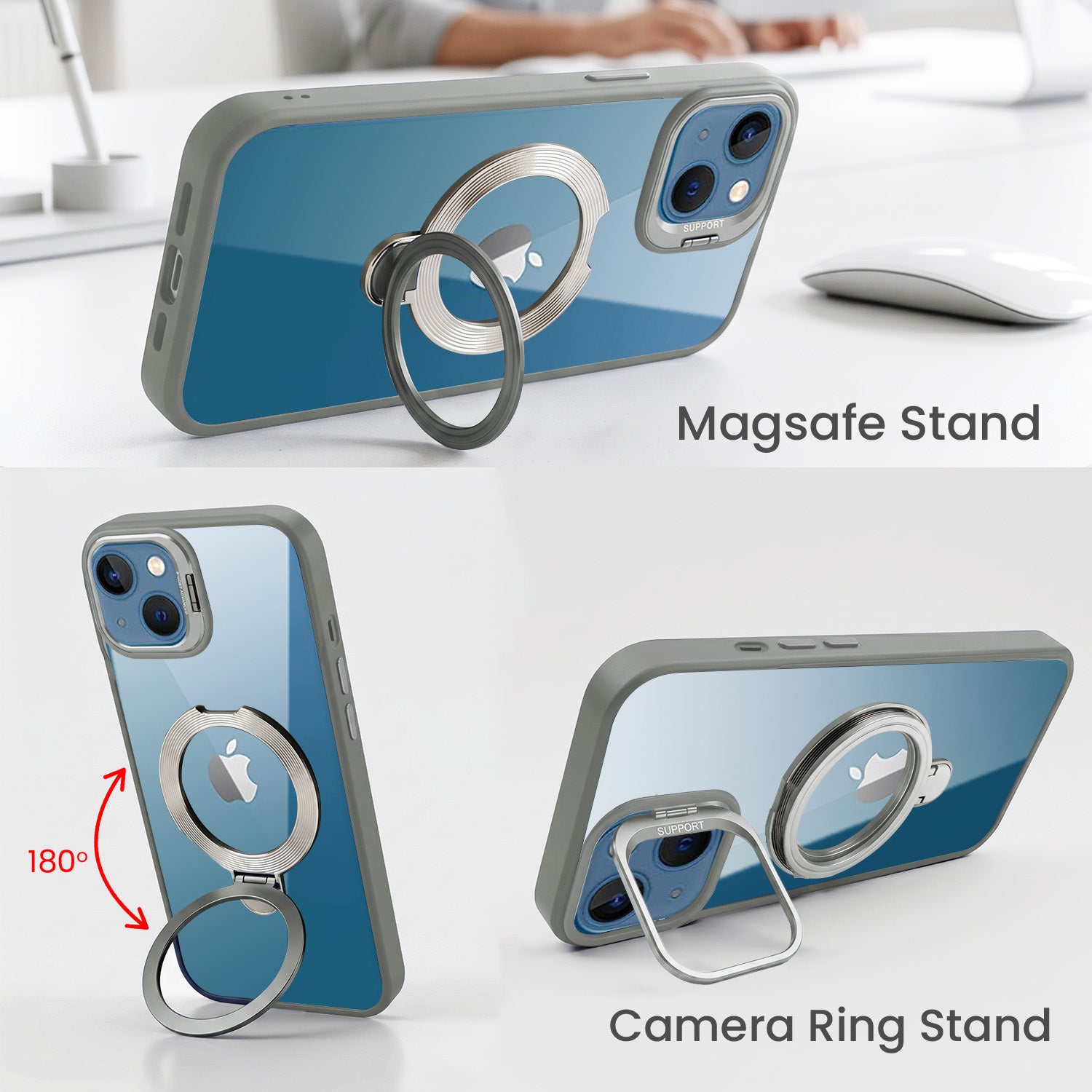 For Apple iPhone 13 Back Cover Case Crystal (Lifetime Anti Yellow | Magnetic Ring Stand | Camera Lens Protection | MagSafe Compatible)