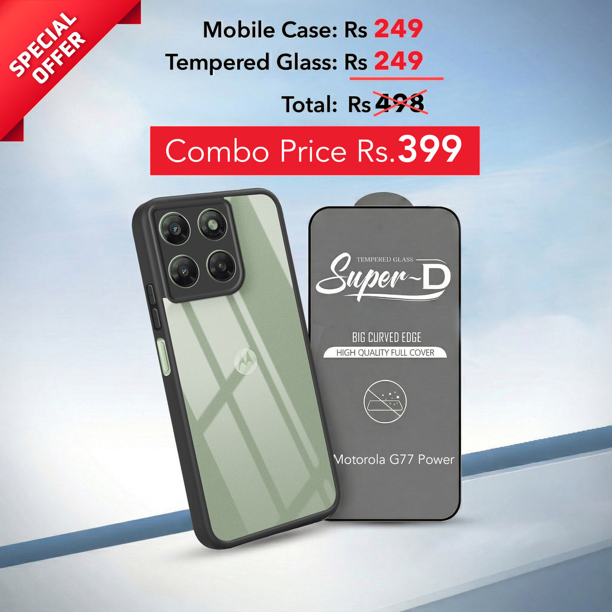 For Motorola Moto G77 Power Combo with Back Cover and 9H Tempered Glass (Lifetime Anti-Yellow | Crystal Clear Shockproof | Oleophobic Coating Screen Glass)