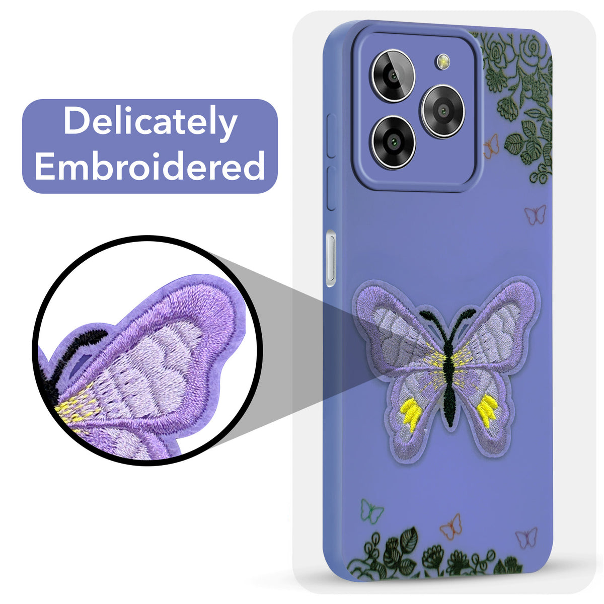 For Lava Yuva 3 Back Cover Case (Soft Butterfly Embroidery | Women Teen Girls | Camera Protection| Matte Silicone)