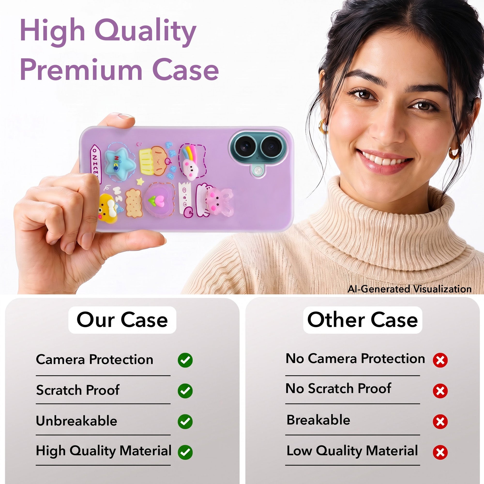 For Apple iPhone 16 Back Cover Case (3D Cute Cartoons | Hard Back Side Soft | Matte Premium Finish | HD Printing)
