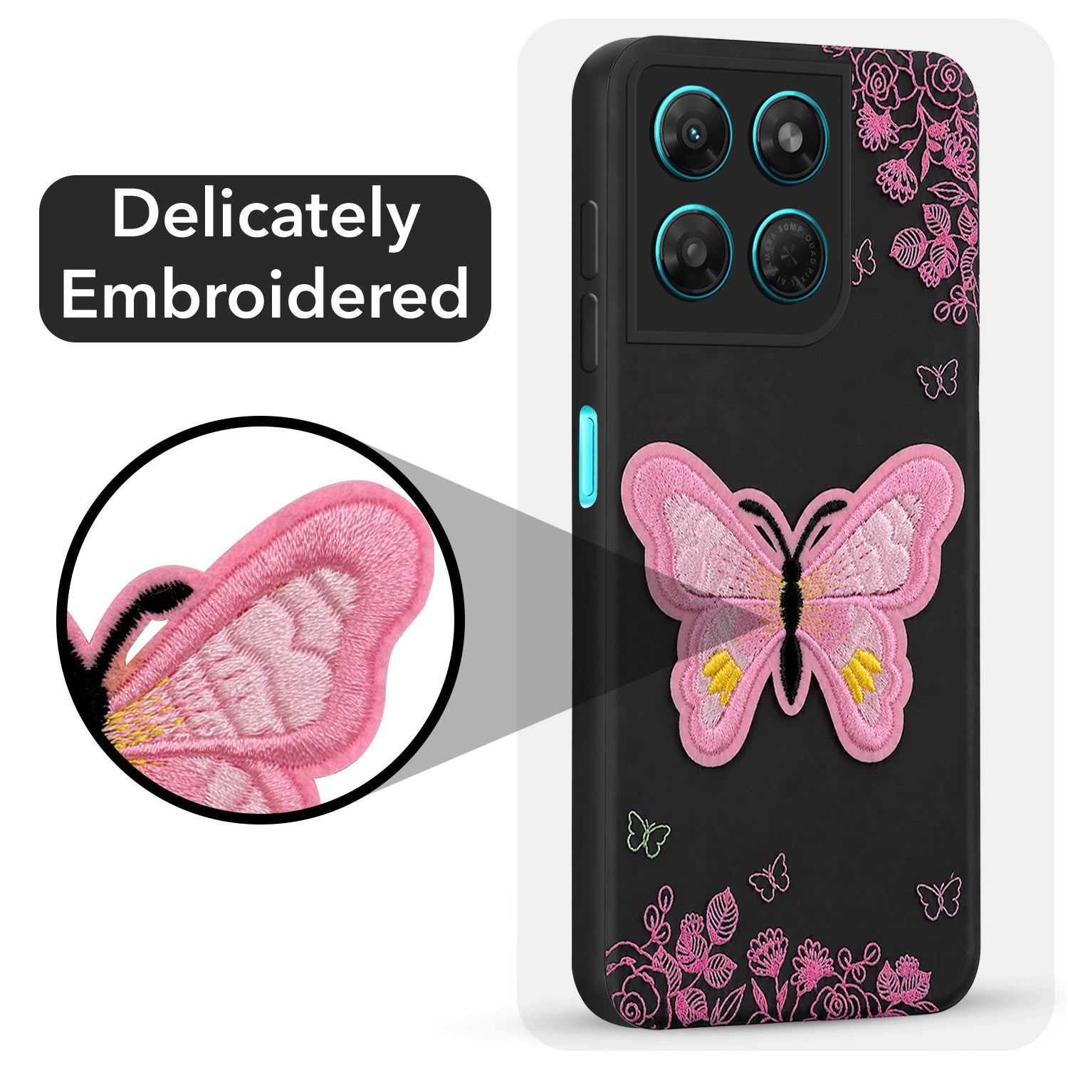 For Motorola Moto G37 Power Back Cover Case (Soft Butterfly Embroidery | Women Teen Girls | Camera Protection| Matte Silicone)