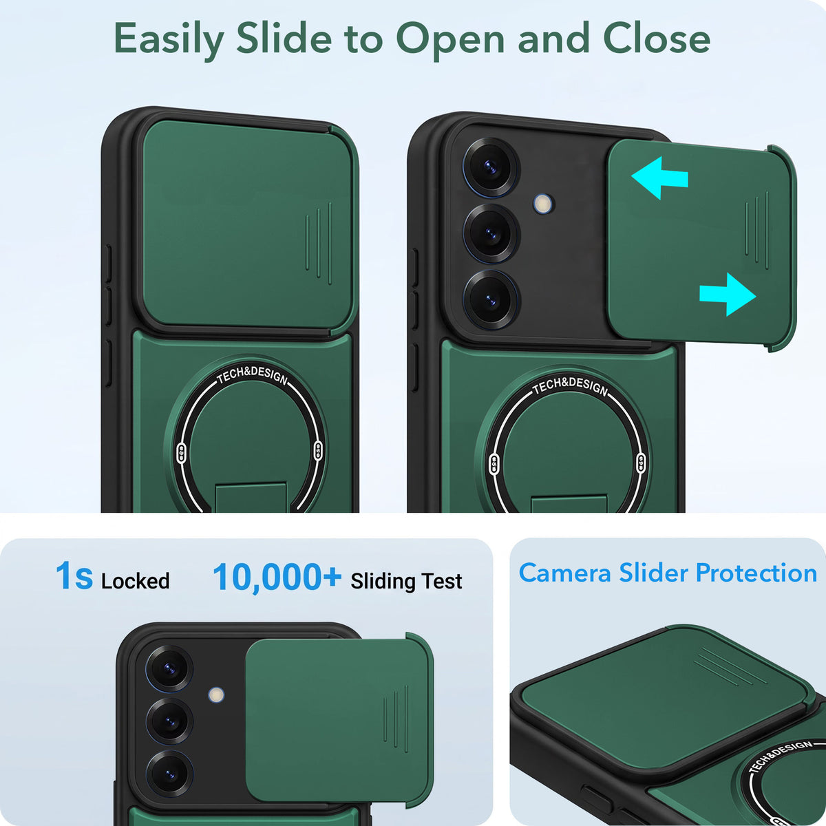 For Samsung Galaxy S25 Back Case Cover Metallic (Hybrid Armor Kickstand | Sliding Shutter Camera Protection | MagSafe Compatible)