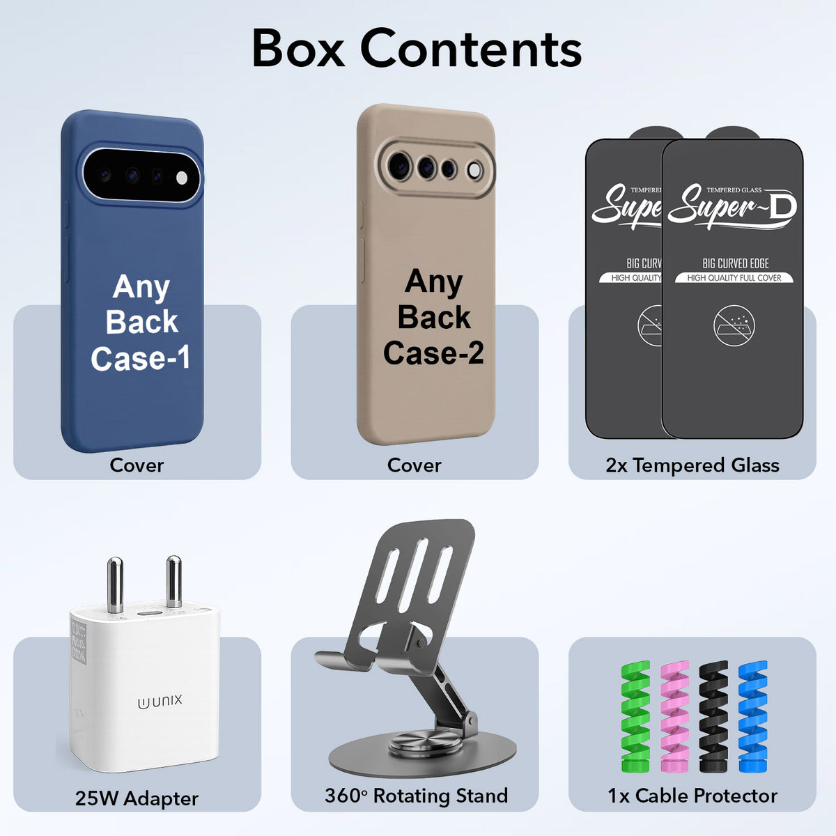 Complete Mobile Care Kit (Get Any 2 Cases+2 Tempered Glass+25W Charger Adapter+Metallic Mobile Stand+Cable Protector)