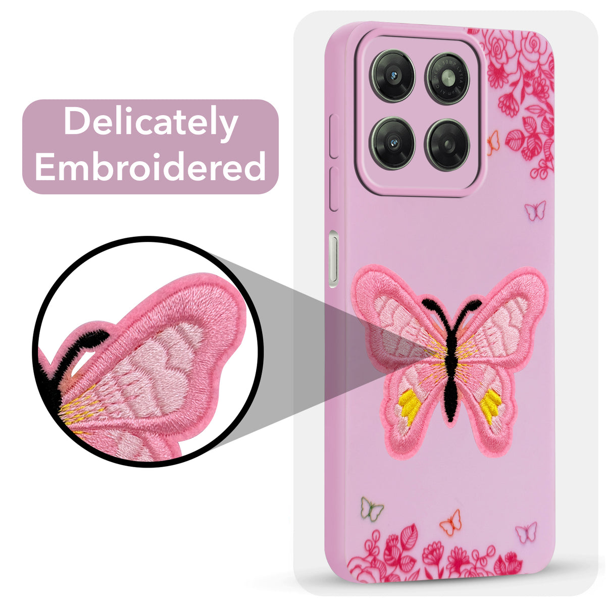 For Motorola Moto G77 Power Back Cover Case (Soft Butterfly Embroidery | Women Teen Girls | Camera Protection| Matte Silicone)