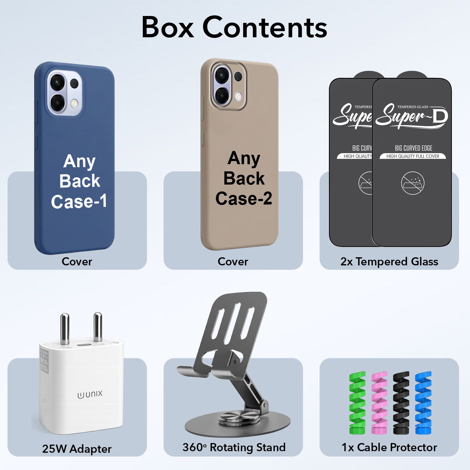 Complete Mobile Care Kit (Get Any 2 Cases+2 Tempered Glass+25W Charger Adapter+Metallic Mobile Stand+Cable Protector)