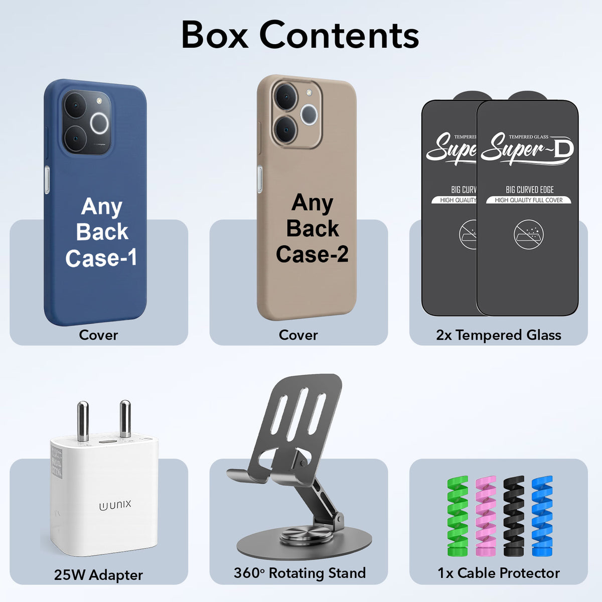 Complete Mobile Care Kit (Get Any 2 Cases+2 Tempered Glass+25W Charger Adapter+Metallic Mobile Stand+Cable Protector)