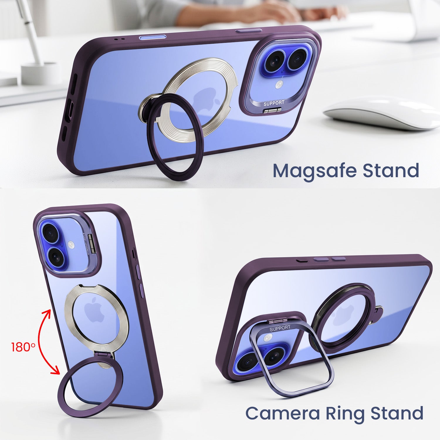 For Apple iPhone 16 Plus Back Cover Case Crystal (Lifetime Anti Yellow | Magnetic Ring Stand | Camera Lens Protection | MagSafe Compatible)