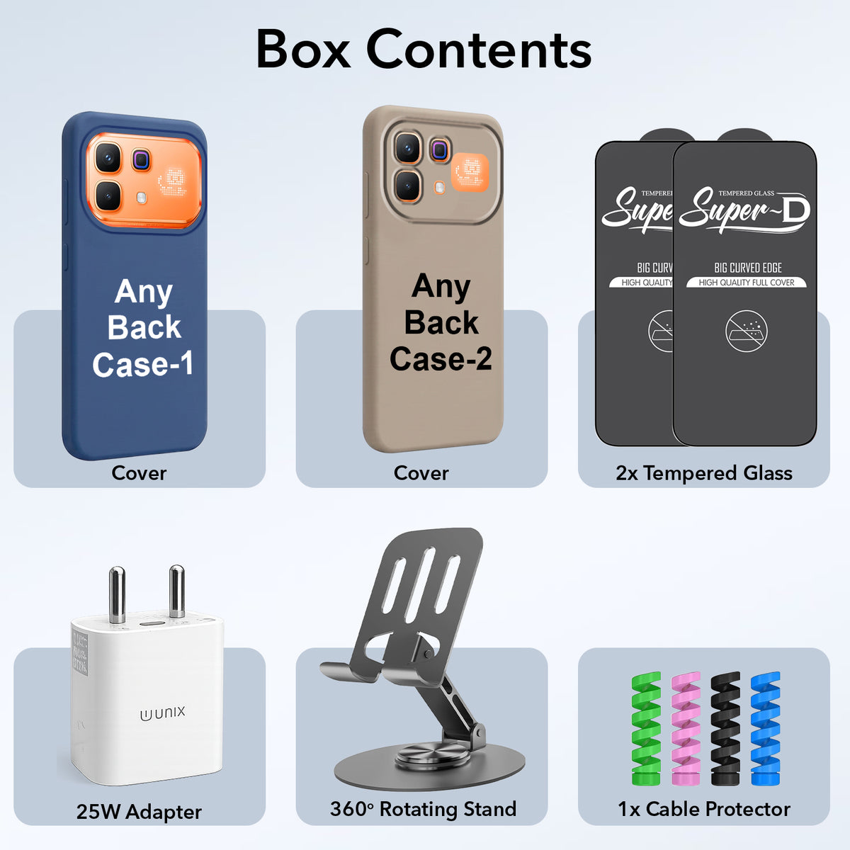 Complete Mobile Care Kit (Get Any 2 Cases+2 Tempered Glass+25W Charger Adapter+Metallic Mobile Stand+Cable Protector)