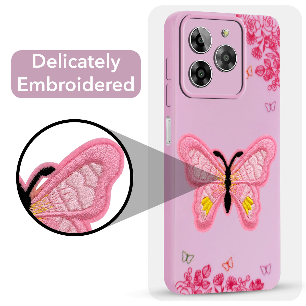 For Lava Yuva 3 Back Cover Case (Soft Butterfly Embroidery | Women Teen Girls | Camera Protection| Matte Silicone)