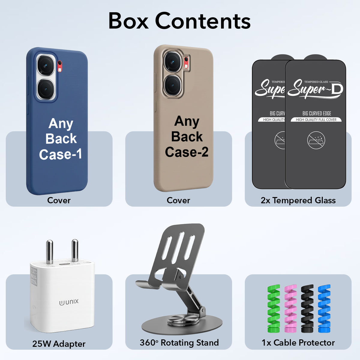Complete Mobile Care Kit (Get Any 2 Cases+2 Tempered Glass+25W Charger Adapter+Metallic Mobile Stand+Cable Protector)