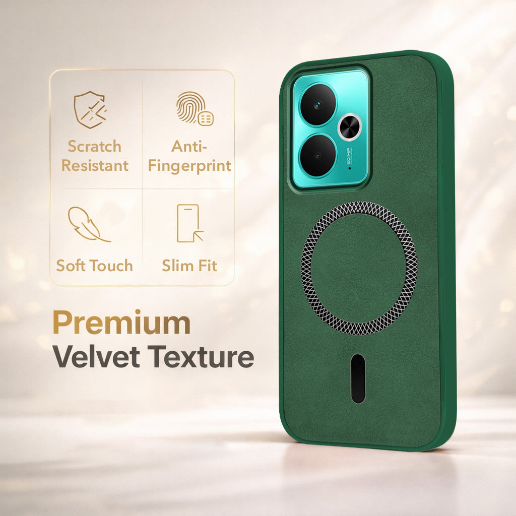 For Realme 14T Back Cover Case Leather Finish (MagSafe Compatible Wireless Charging | Soft Touch | Camera Bump Protection)