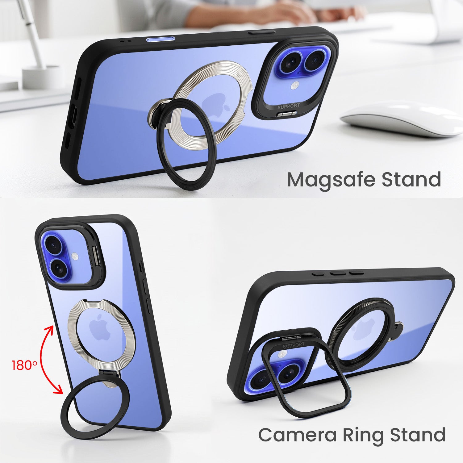 For Apple iPhone 16 Plus Back Cover Case Crystal (Lifetime Anti Yellow | Magnetic Ring Stand | Camera Lens Protection | MagSafe Compatible)