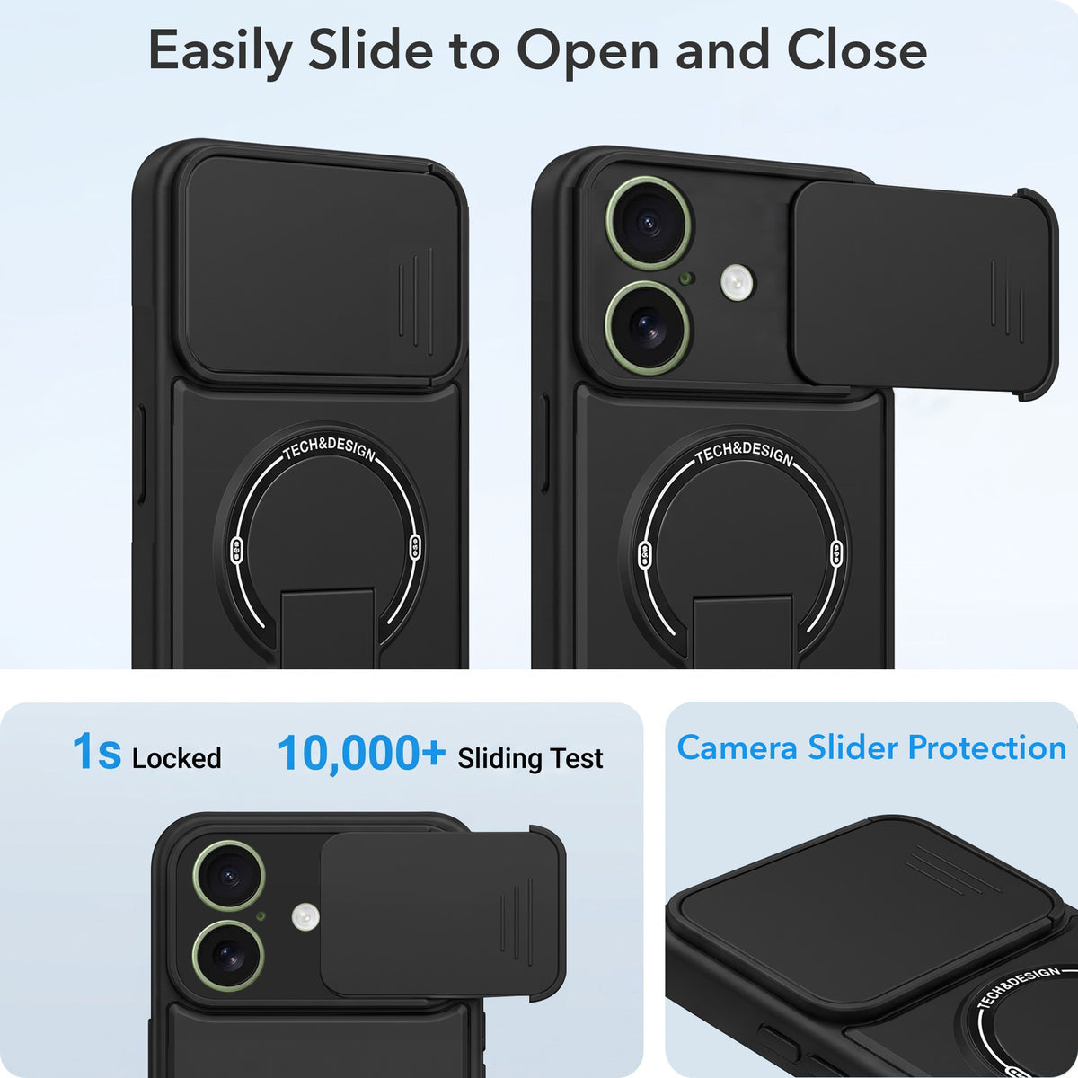 For Apple iPhone 16 Back Case Cover Metallic (Hybrid Armor Kickstand | Sliding Shutter Camera Protection | MagSafe Compatible)