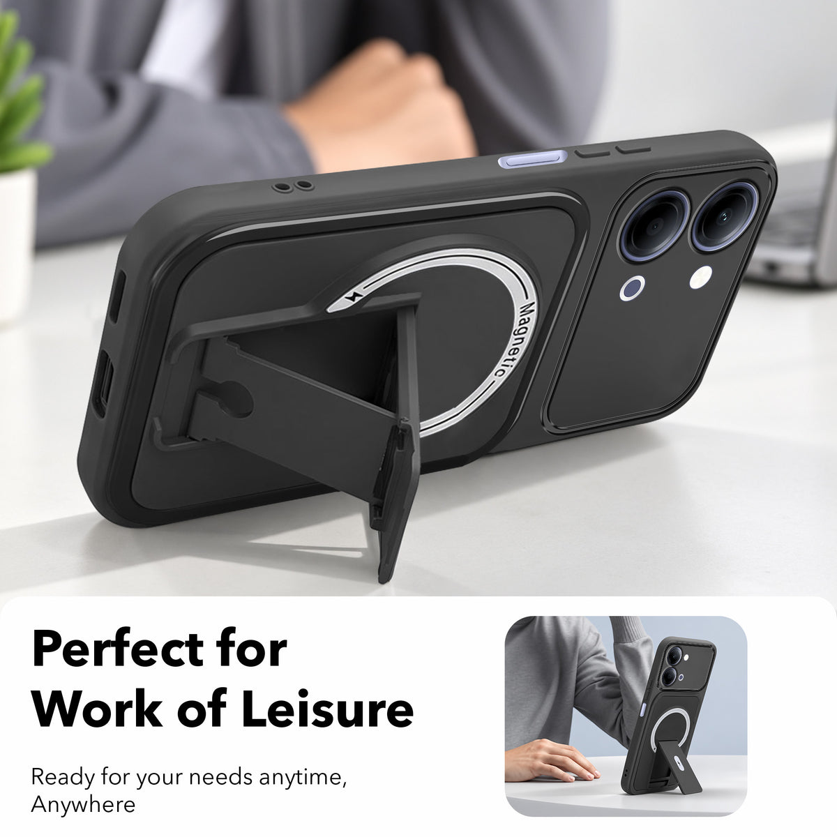 For Vivo Y05 4G | Vivo T5 Lite 5G Back Case Cover Metallic (Hybrid Armor Kickstand | MagSafe Compatible | Camera Protection Shockproof)
