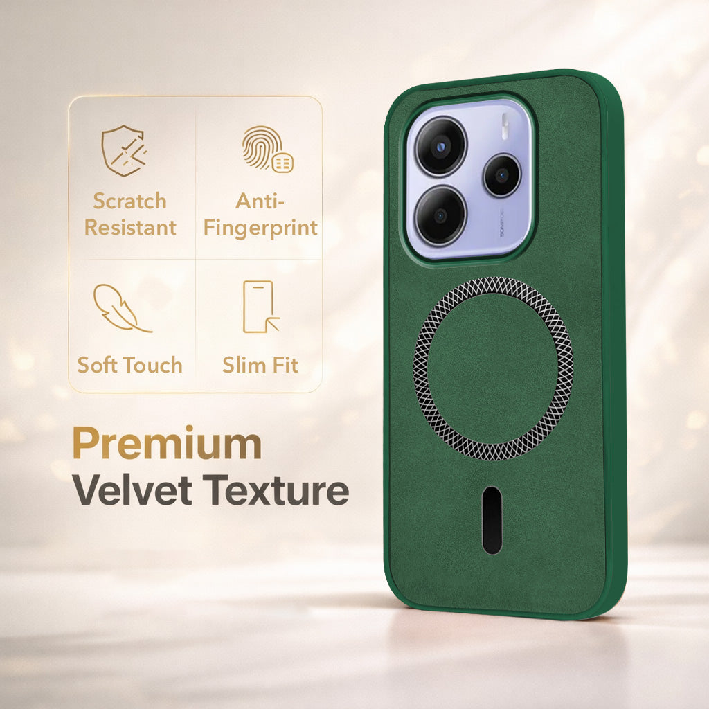For Redmi Note 14 5G | Redmi Note 14 SE Back Cover Case Leather Finish (MagSafe Compatible Wireless Charging | Soft Touch | Camera Bump Protection)