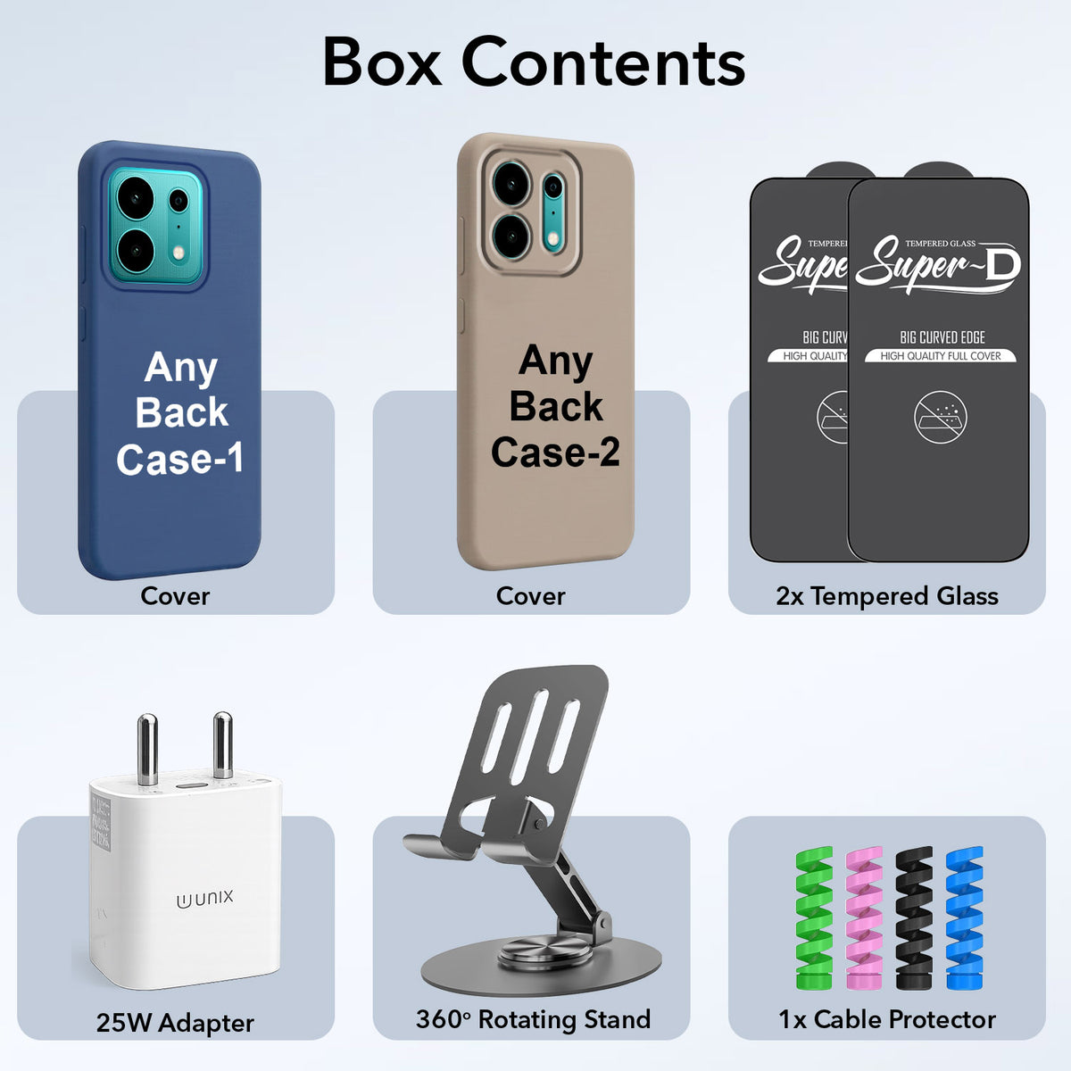 Complete Mobile Care Kit (Get Any 2 Cases+2 Tempered Glass+25W Charger Adapter+Metallic Mobile Stand+Cable Protector)