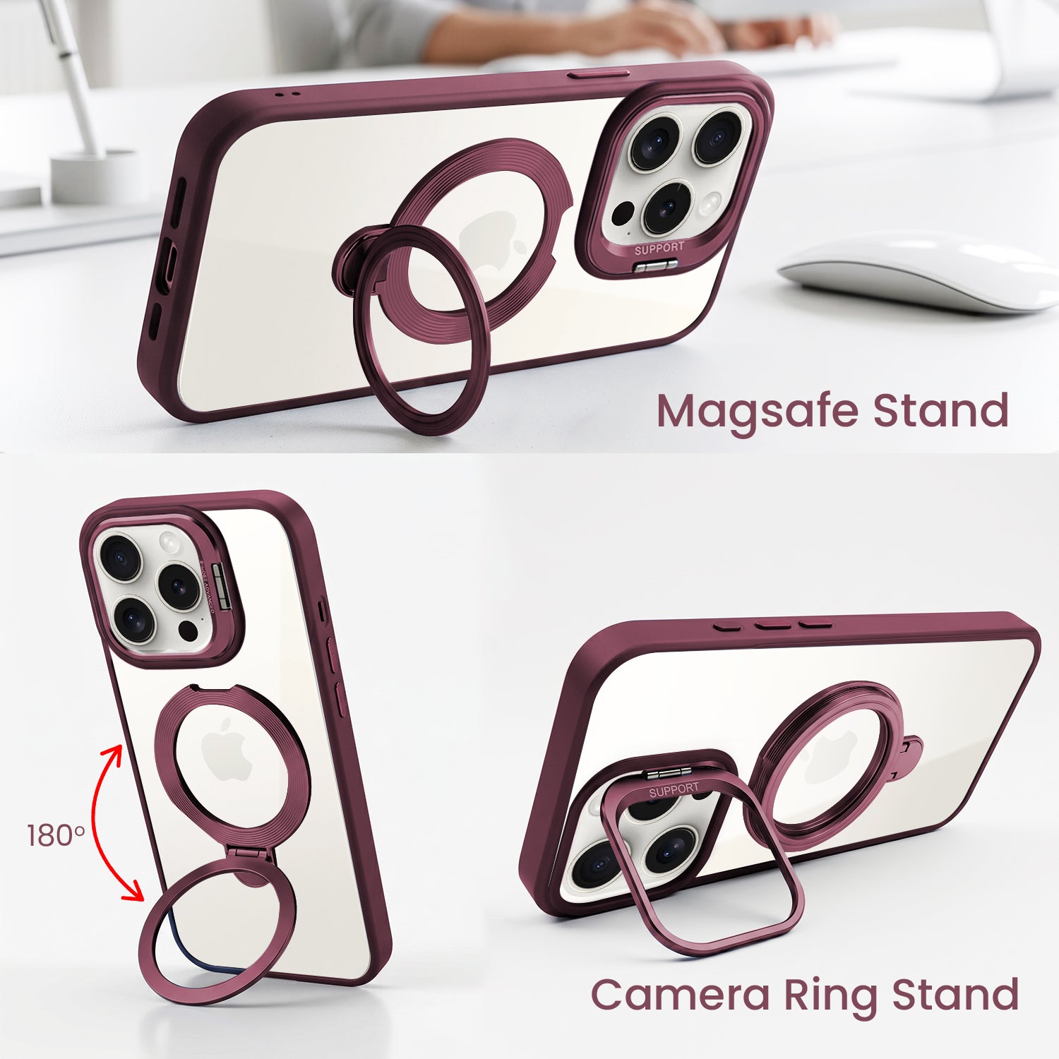 For Apple iPhone 15 Pro Back Cover Case Crystal (Lifetime Anti Yellow | Magnetic Ring Stand | Camera Lens Protection | MagSafe Compatible)