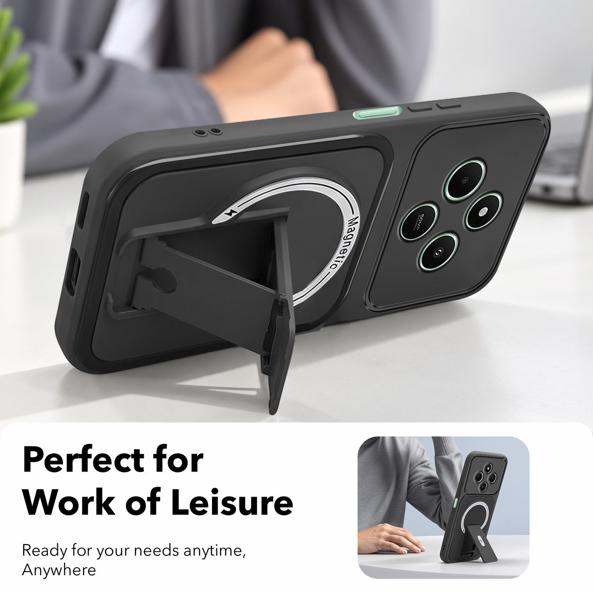 For Poco C75 | Poco M7 Back Case Cover Metallic (Hybrid Armor Kickstand | MagSafe Compatible | Camera Protection Shockproof)