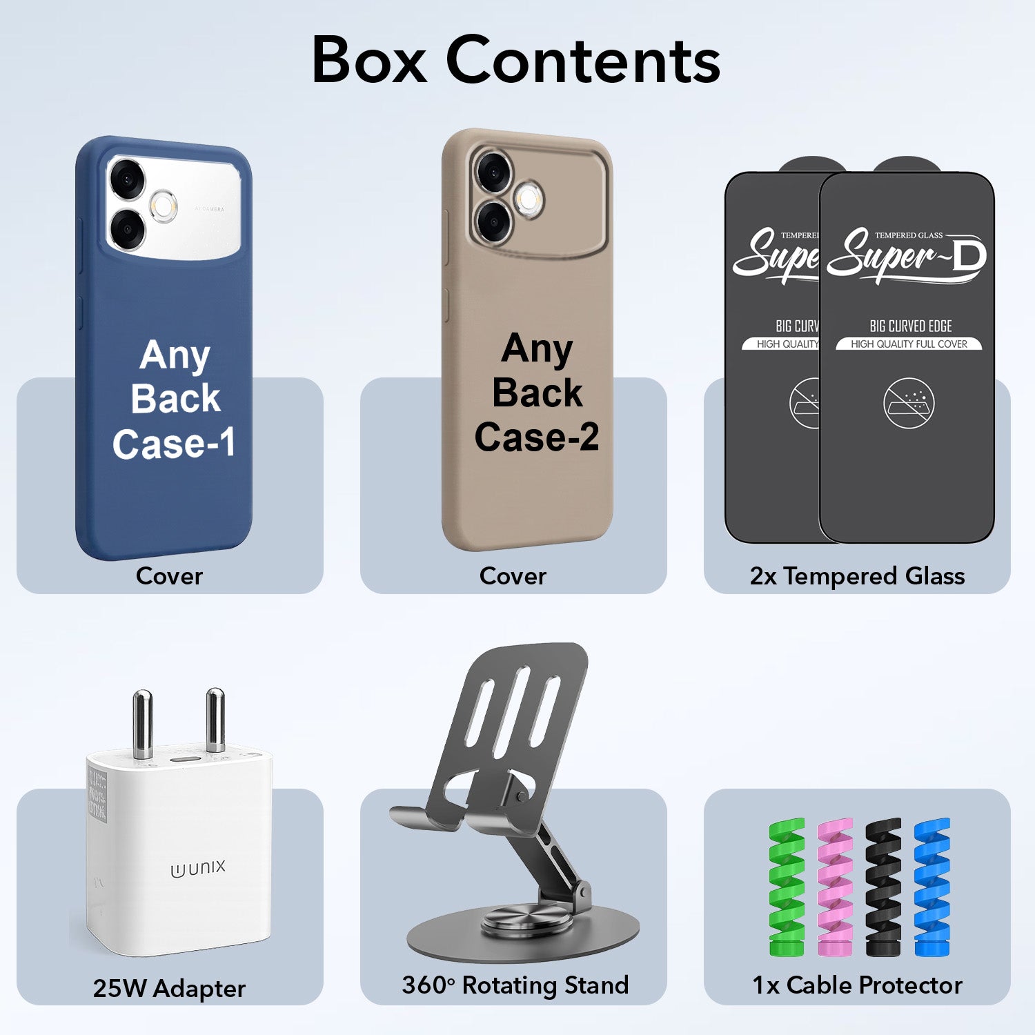 Complete Mobile Care Kit (Get Any 2 Cases+2 Tempered Glass+25W Charger Adapter+Metallic Mobile Stand+Cable Protector)