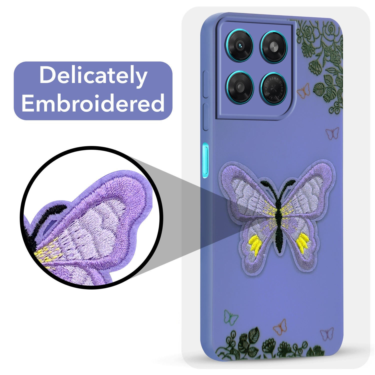 For Motorola Moto G37 Power Back Cover Case (Soft Butterfly Embroidery | Women Teen Girls | Camera Protection| Matte Silicone)