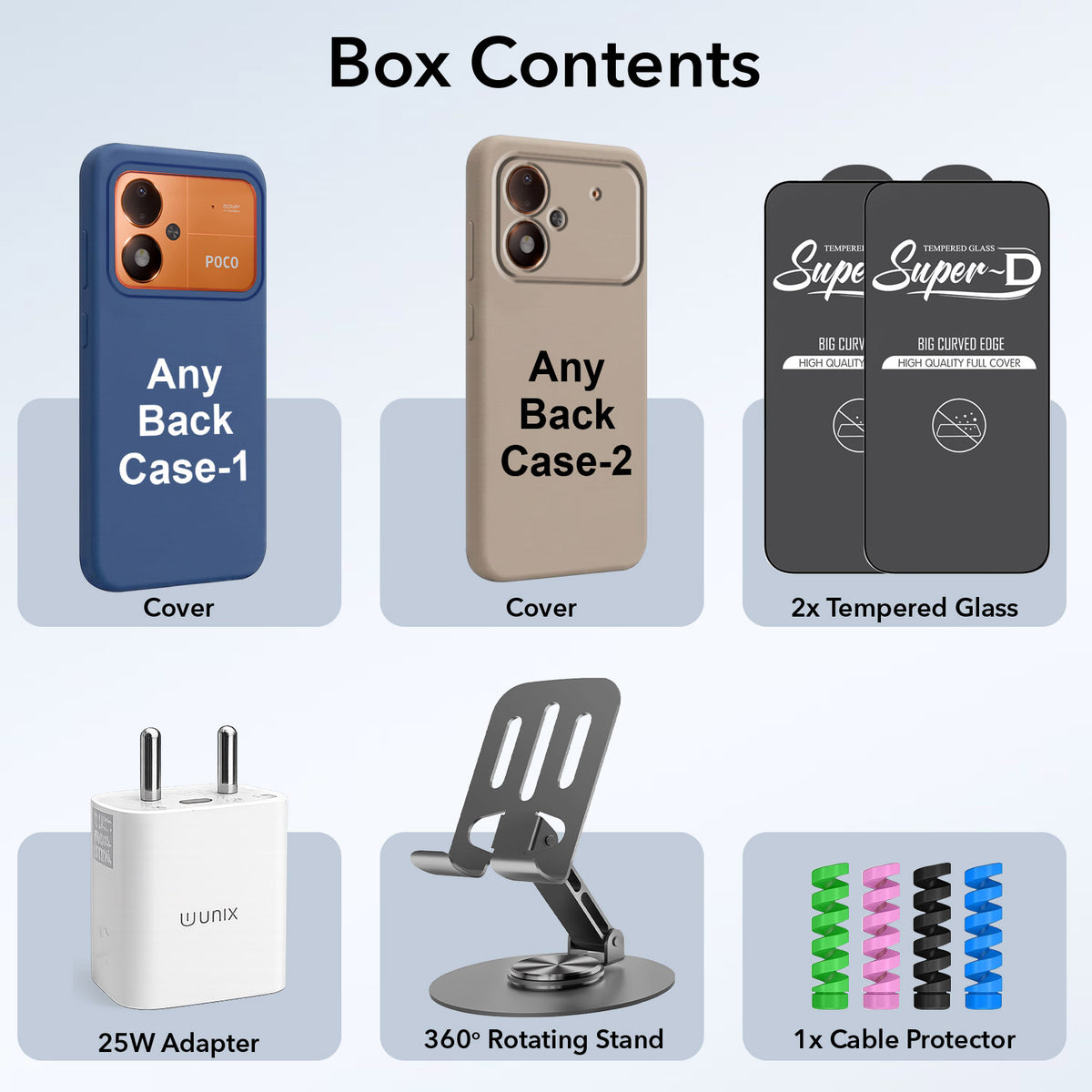 Complete Mobile Care Kit (Get Any 2 Cases+2 Tempered Glass+25W Charger Adapter+Metallic Mobile Stand+Cable Protector)