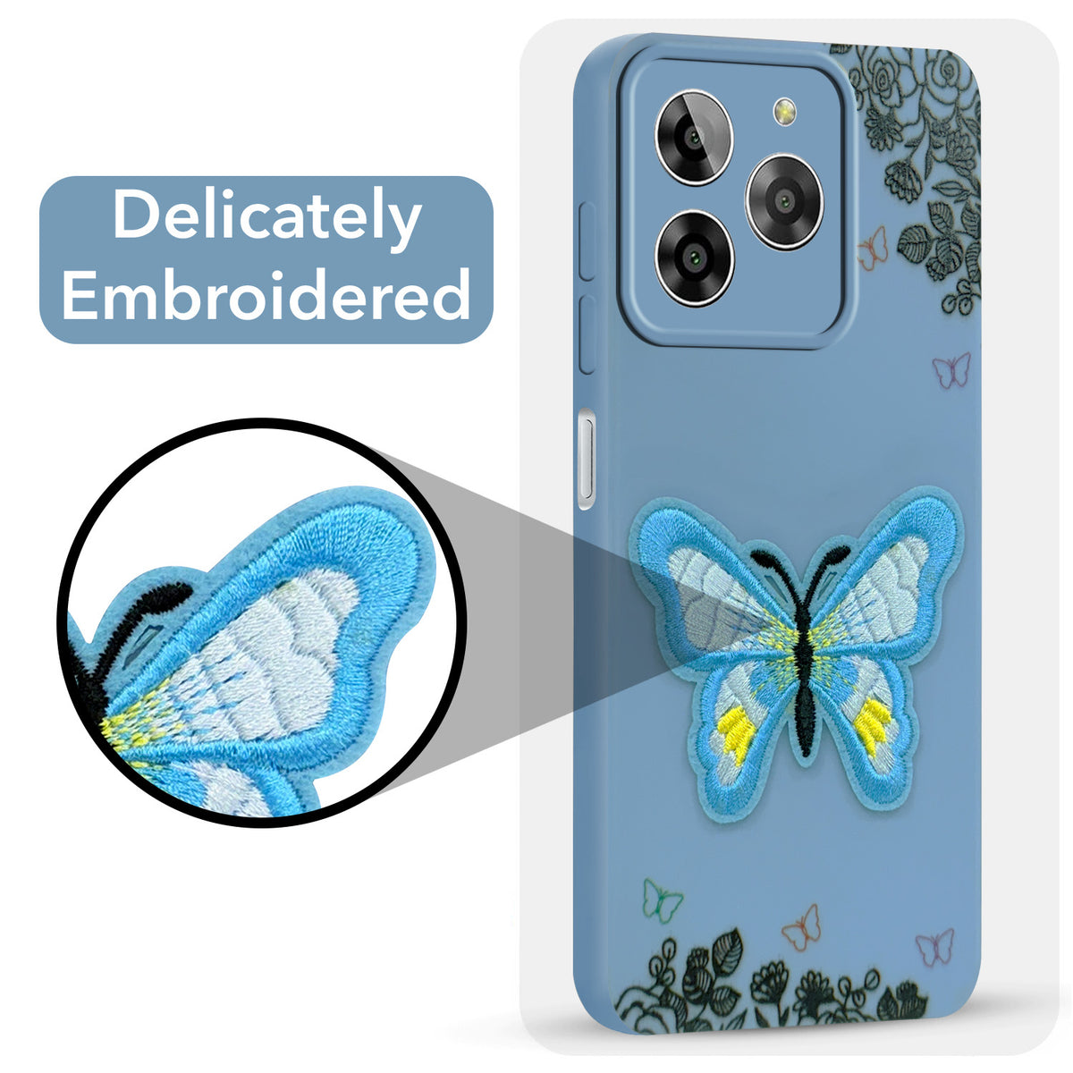 For Lava Yuva 3 Back Cover Case (Soft Butterfly Embroidery | Women Teen Girls | Camera Protection| Matte Silicone)