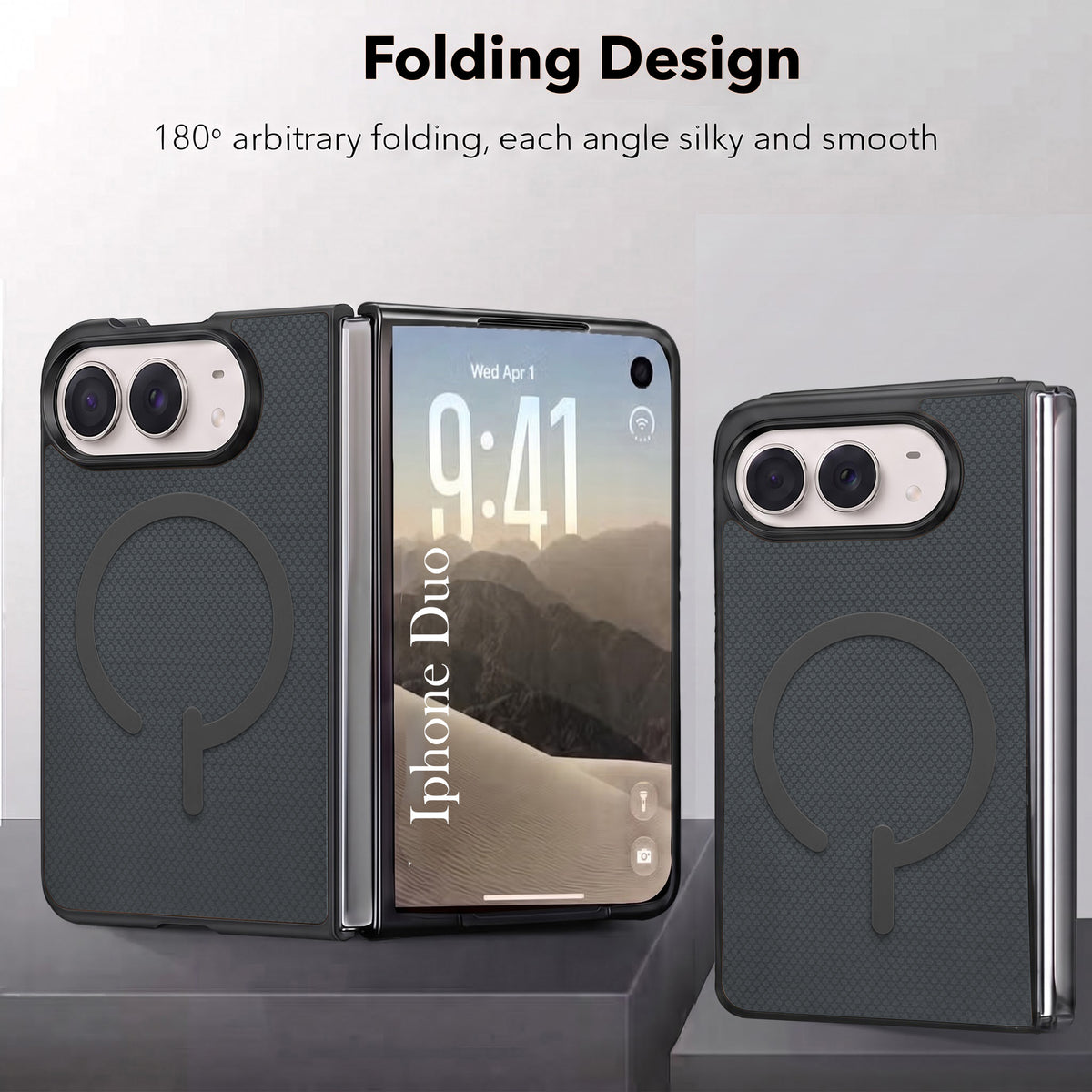 For Apple iPhone Duo Premium Magnetic Back Cover Case (MagSafe Compatible | 180° Folding Design | Soft Microfiber Inner Lining | Textured Blue Finish)