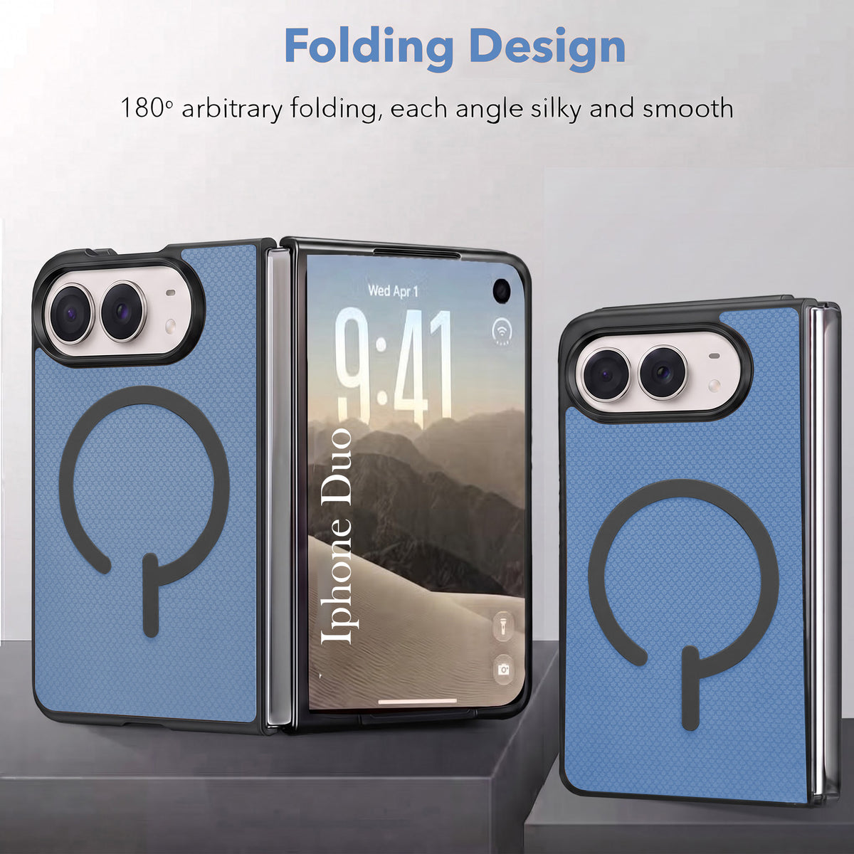 For Apple iPhone Duo Premium Magnetic Back Cover Case (MagSafe Compatible | 180° Folding Design | Soft Microfiber Inner Lining | Textured Blue Finish)