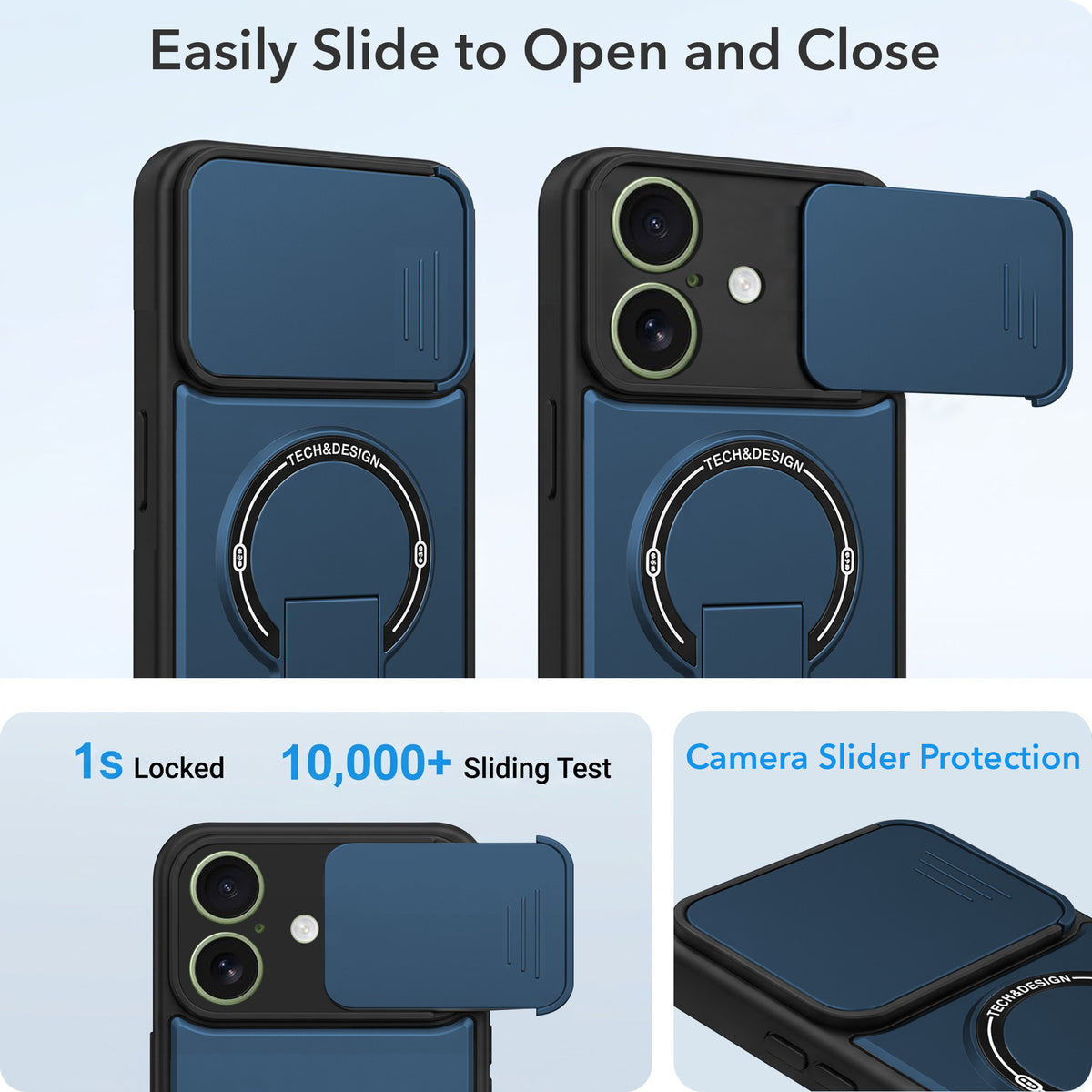 For Apple iPhone 16 Back Case Cover Metallic (Hybrid Armor Kickstand | Sliding Shutter Camera Protection | MagSafe Compatible)