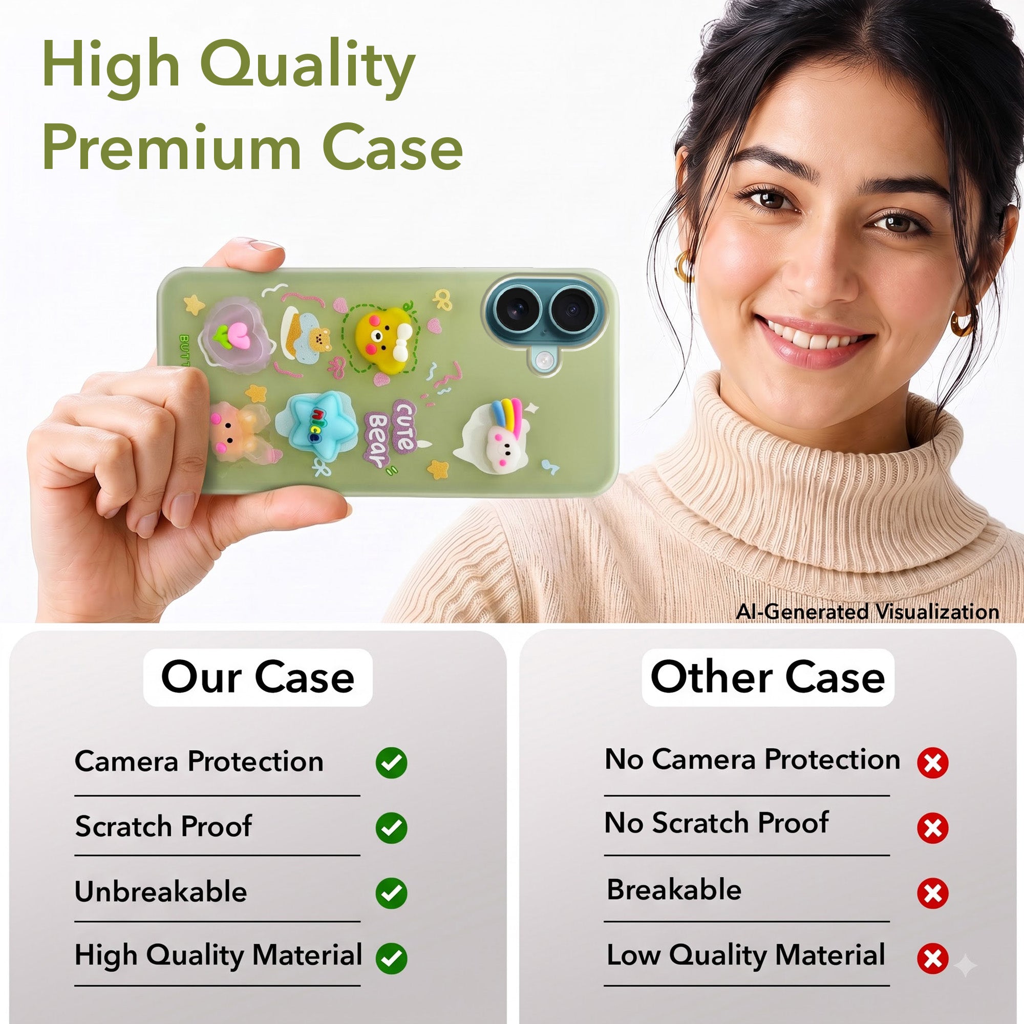 For Apple iPhone 16 Back Cover Case (3D Cute Cartoons | Hard Back Side Soft | Matte Premium Finish | HD Printing)