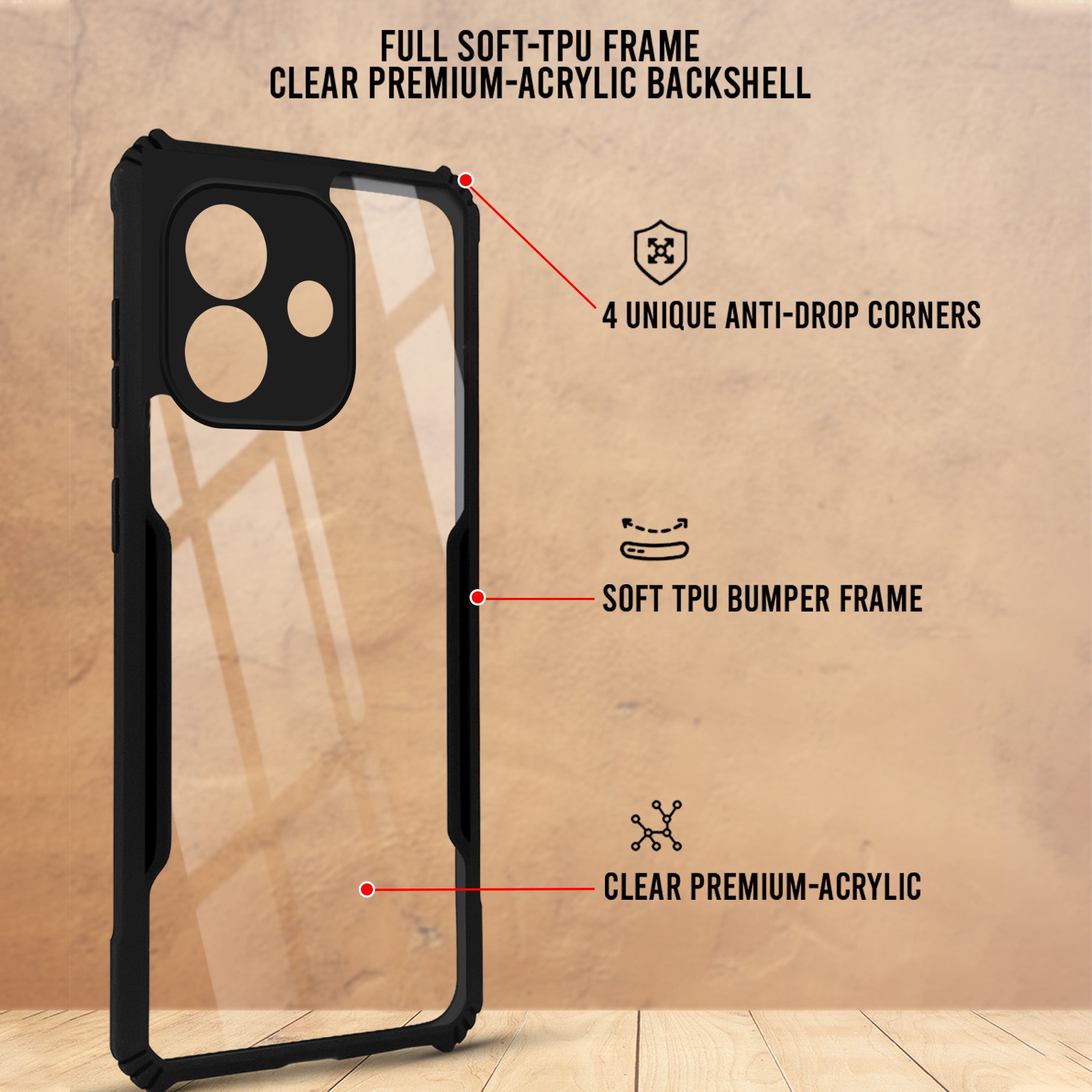 For Redmi Note 17 5G Back Cover Case Hybrid (Shockproof with Polycarbonate Clear Panel | Professional Black)