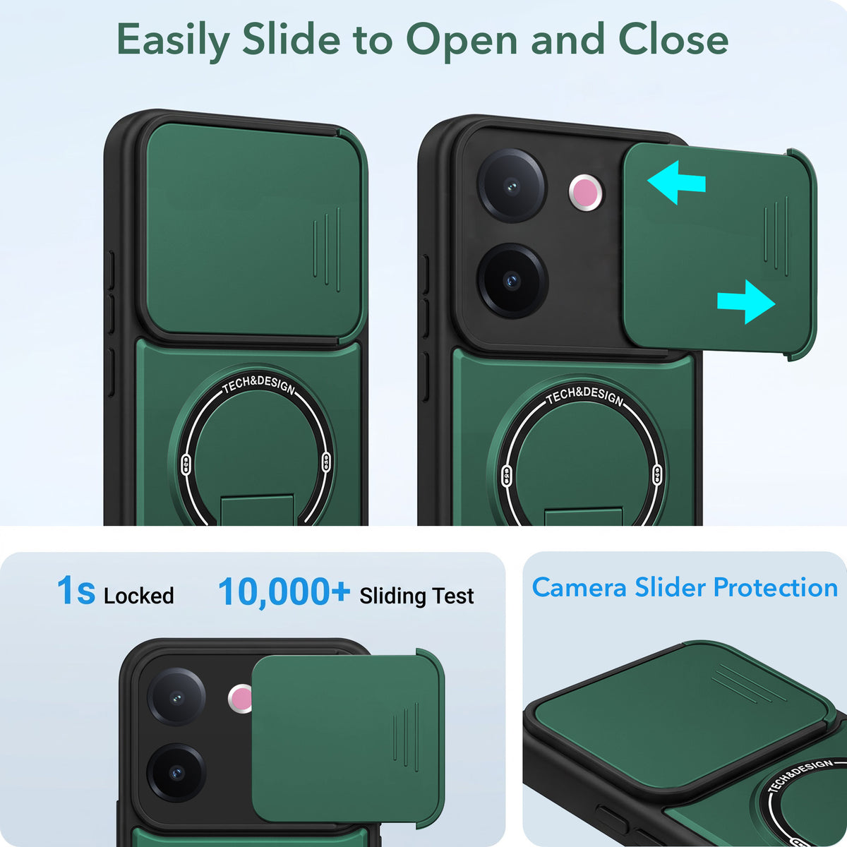 For Vivo V60e Back Case Cover Metallic (Hybrid Armor Kickstand | Sliding Shutter Camera Protection | MagSafe Compatible)