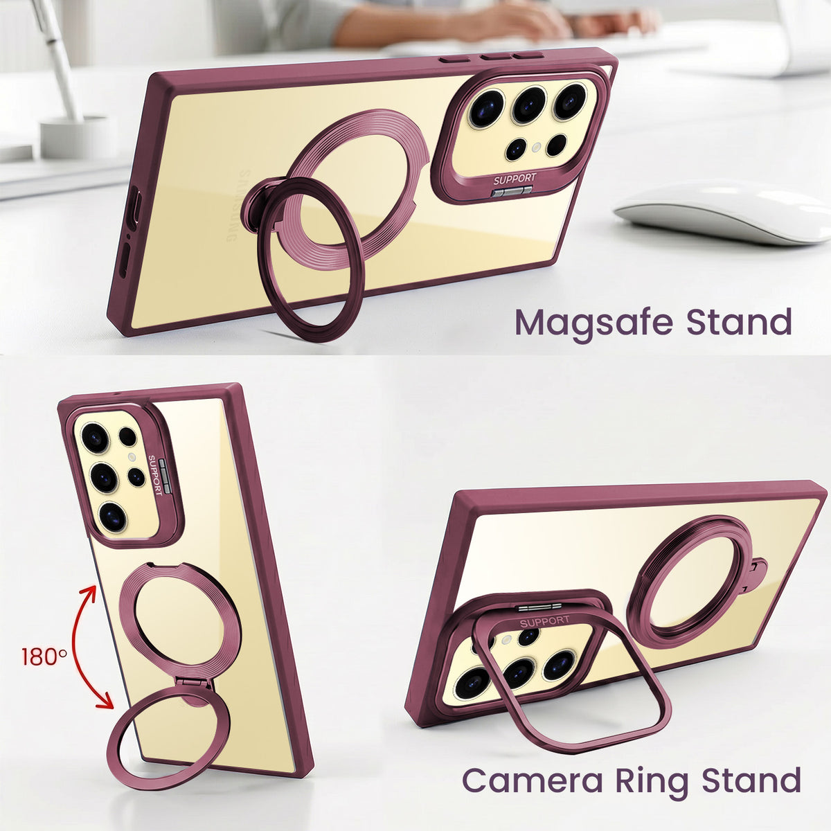 For Samsung Galaxy S24 Ultra Back Cover Case Crystal (Lifetime Anti Yellow | Magnetic Ring Stand | Camera Lens Protection | MagSafe Compatible)