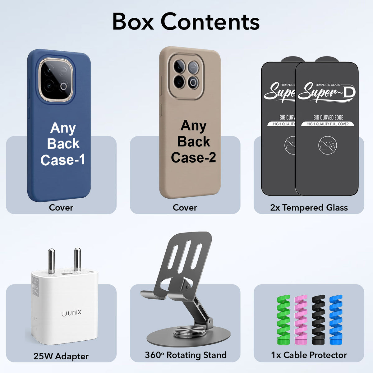 Complete Mobile Care Kit (Get Any 2 Cases+2 Tempered Glass+25W Charger Adapter+Metallic Mobile Stand+Cable Protector)