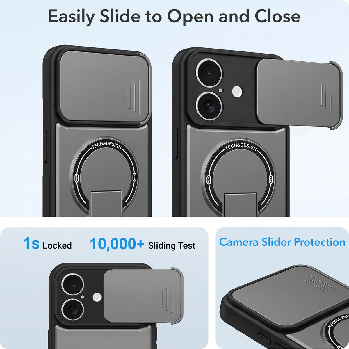 For Apple iPhone 17 Back Case Cover Metallic (Hybrid Armor Kickstand | Sliding Shutter Camera Protection | MagSafe Compatible)