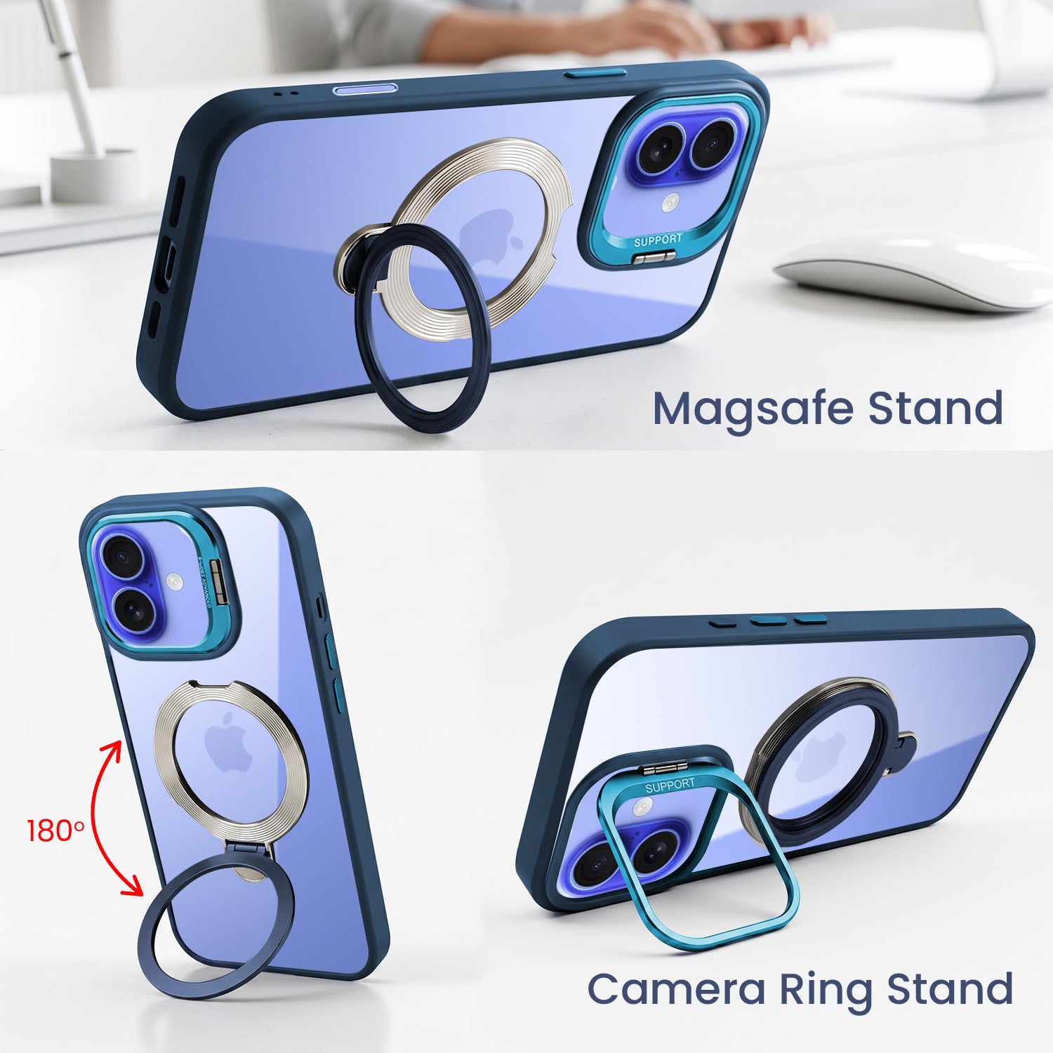 For Apple iPhone 16 Plus Back Cover Case Crystal (Lifetime Anti Yellow | Magnetic Ring Stand | Camera Lens Protection | MagSafe Compatible)