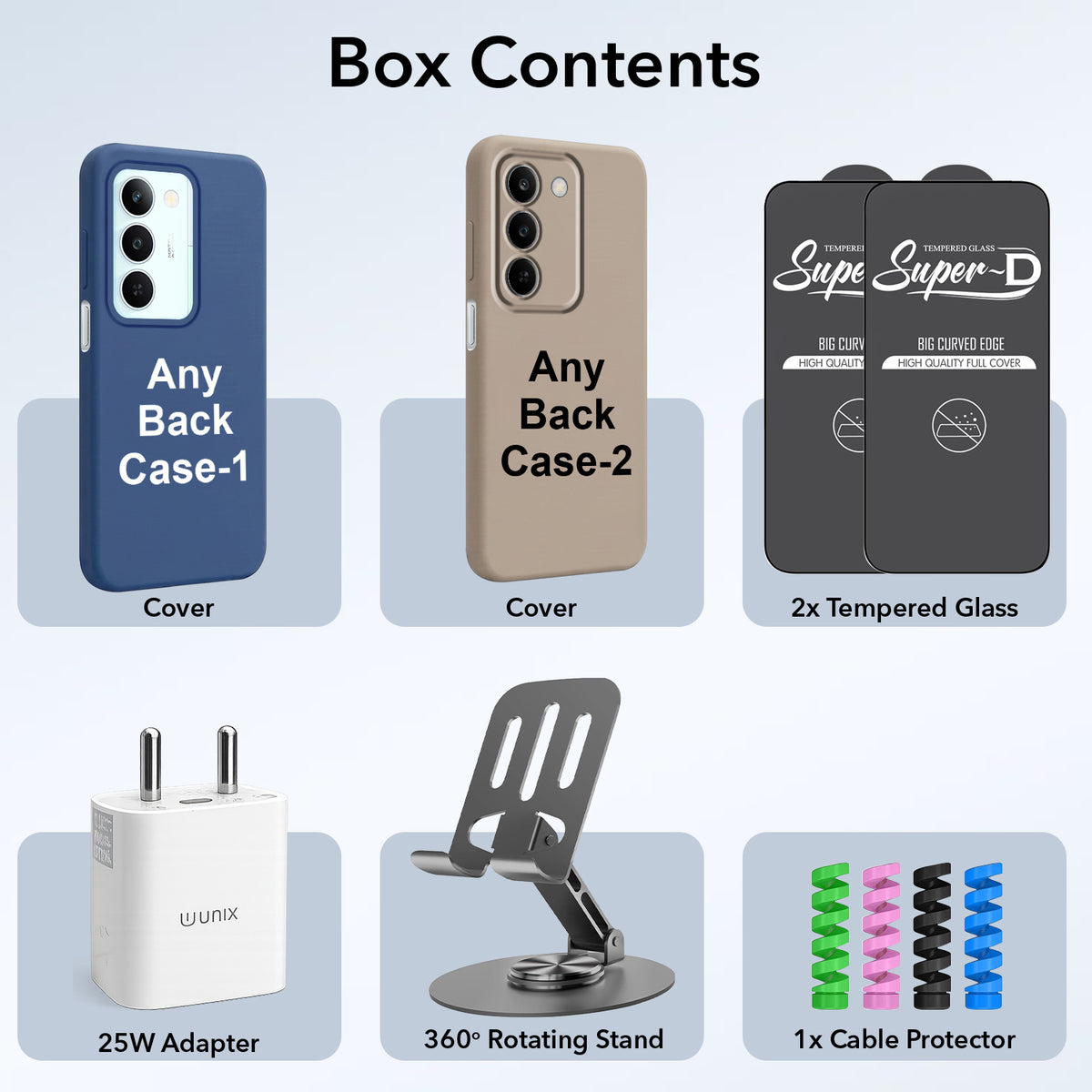 Complete Mobile Care Kit (Get Any 2 Cases+2 Tempered Glass+25W Charger Adapter+Metallic Mobile Stand+Cable Protector)