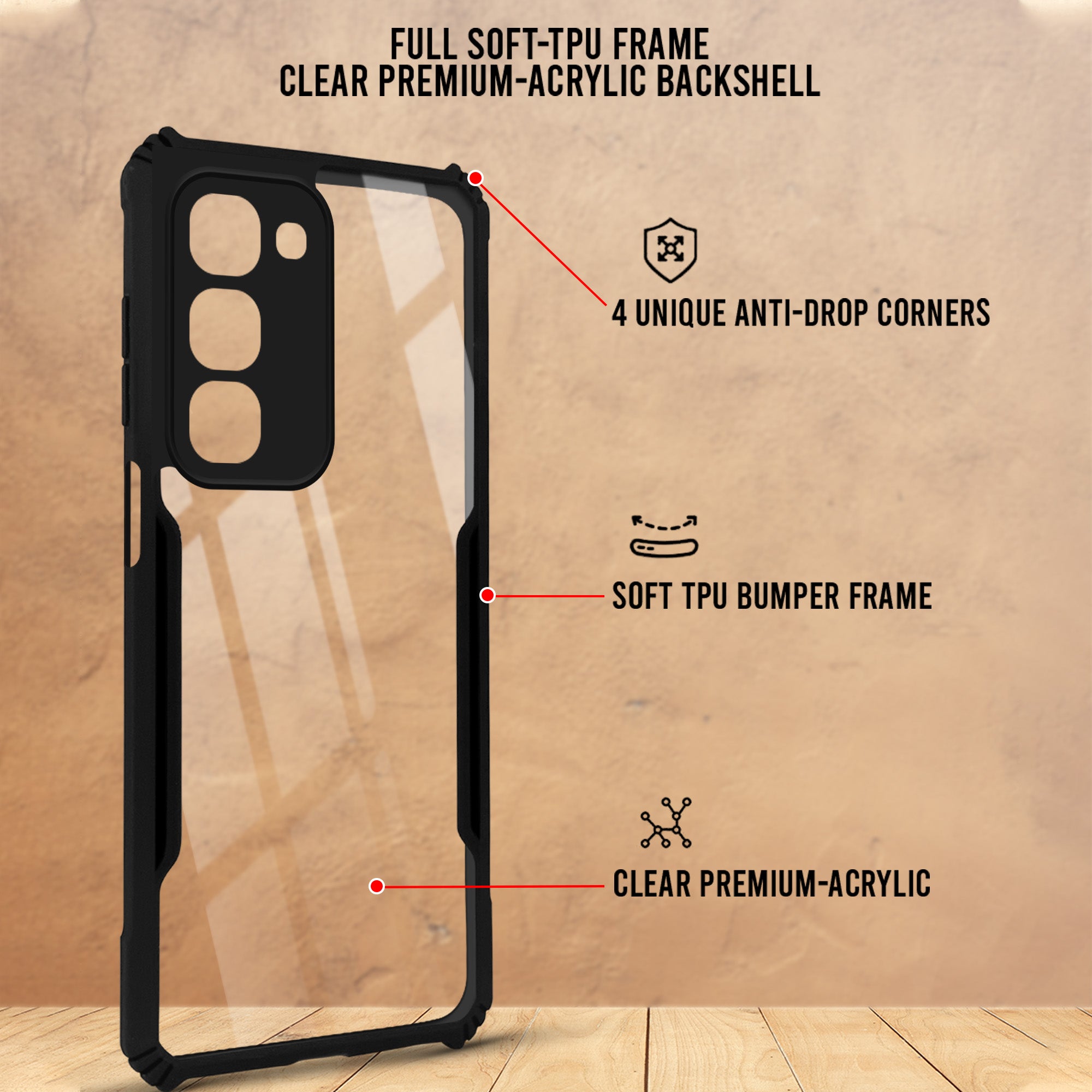 For Realme 16x Back Cover Case Hybrid (Shockproof with Polycarbonate Clear Panel | Professional Black)