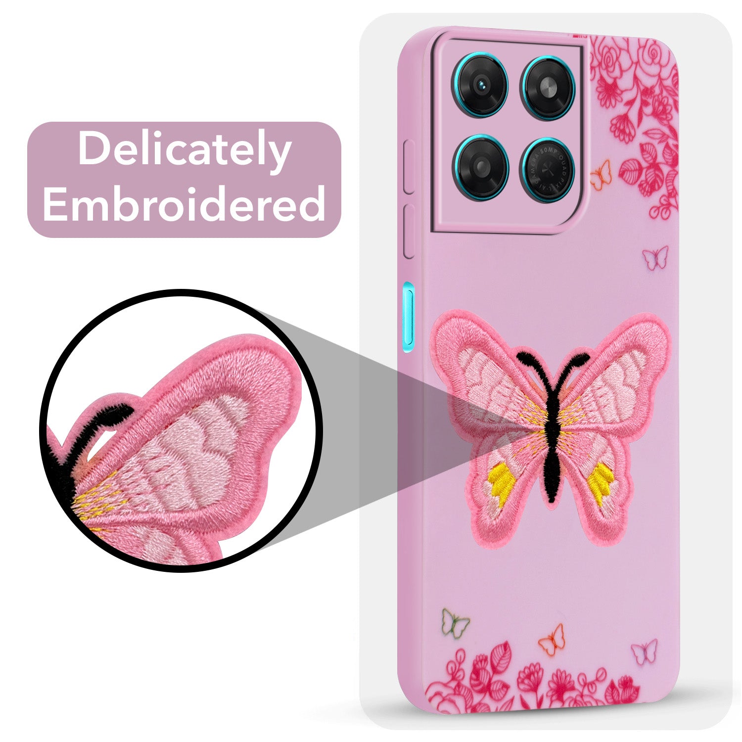 For Motorola Moto G37 Power Back Cover Case (Soft Butterfly Embroidery | Women Teen Girls | Camera Protection| Matte Silicone)