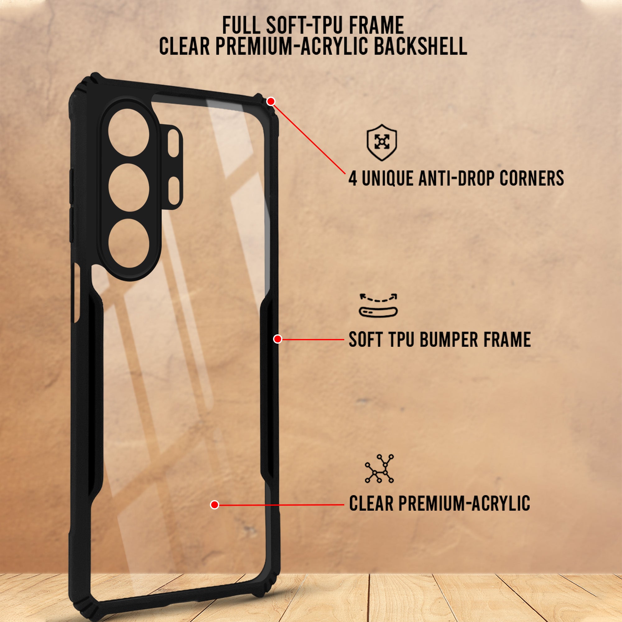 For Realme C100X Back Cover Case Hybrid (Shockproof with Polycarbonate Clear Panel | Professional Black)