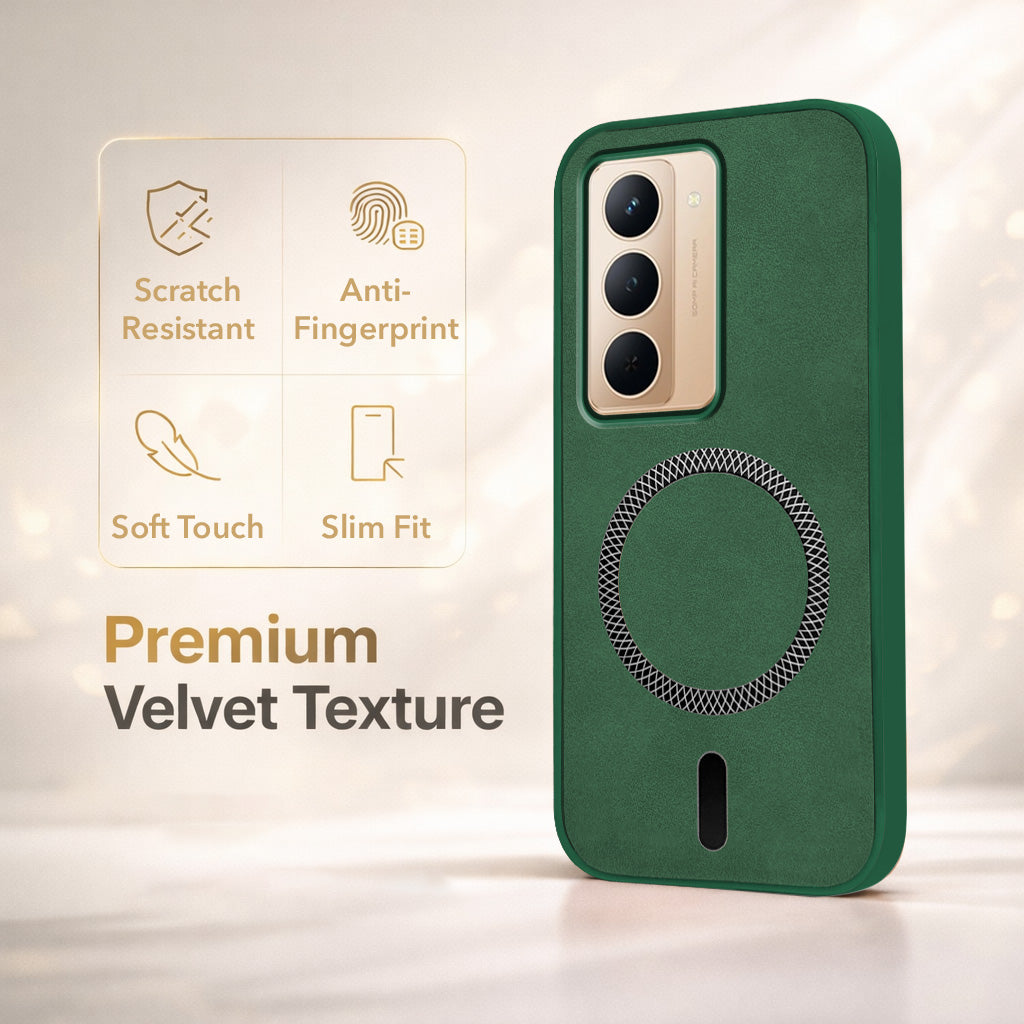 For Realme P3x Back Cover Case Leather Finish (MagSafe Compatible Wireless Charging | Soft Touch | Camera Bump Protection)