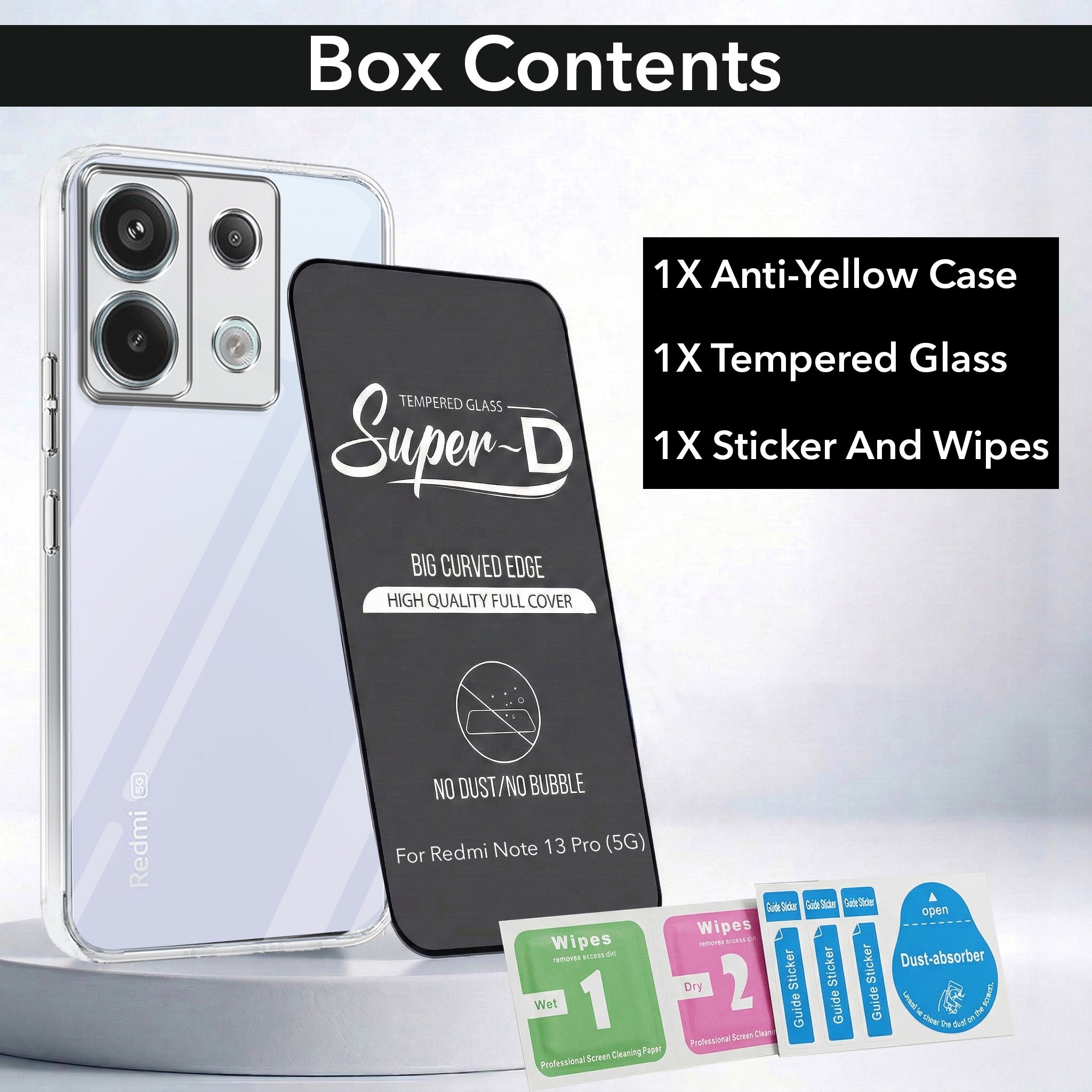 For Redmi Note 13 Pro Combo with Back Cover and 9H Tempered Glass (Lifetime Anti-Yellow | Sleek Hard Crystal | Oleophobic Coating Screen Glass)