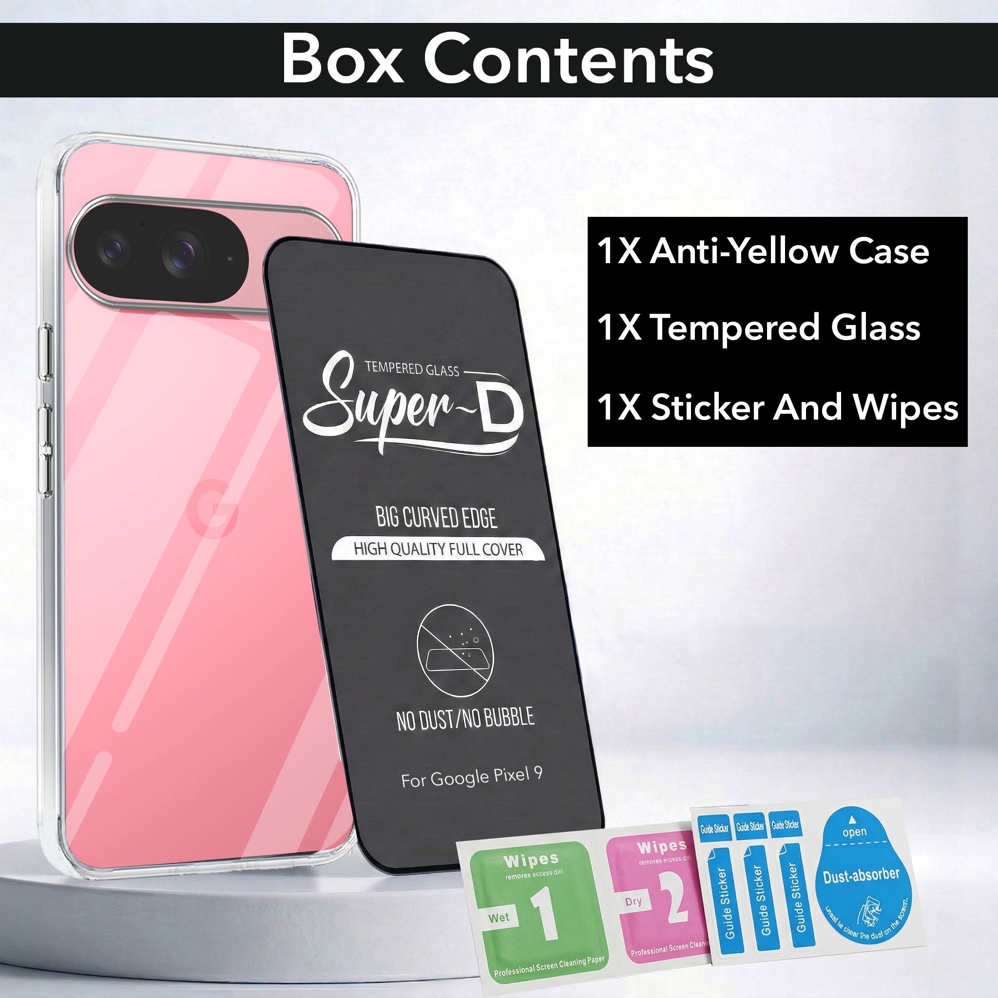 For Google Pixel 9 Combo with Back Cover and 9H Tempered Glass (Lifetime Anti-Yellow | Sleek Hard Crystal | Oleophobic Coating Screen Glass)