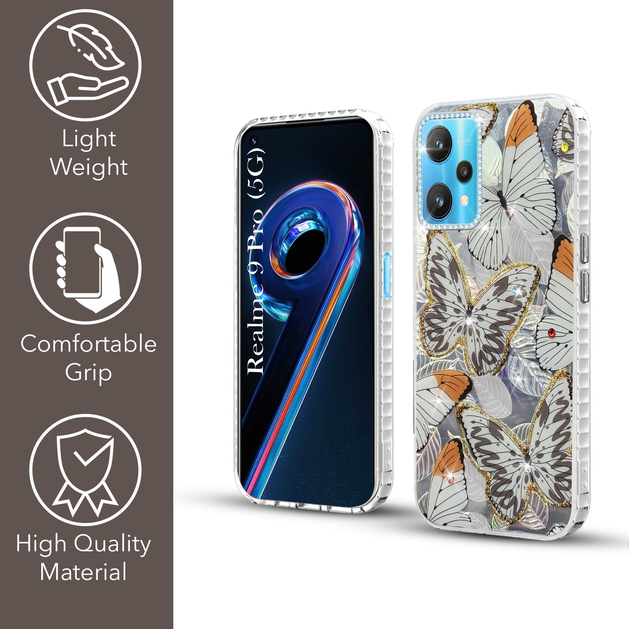 For Realme 9 Pro Back Cover Case (Luxury Floral Glitter Cute Butterfly | Diamond Studded Camera Bump | Girls & Women Design)