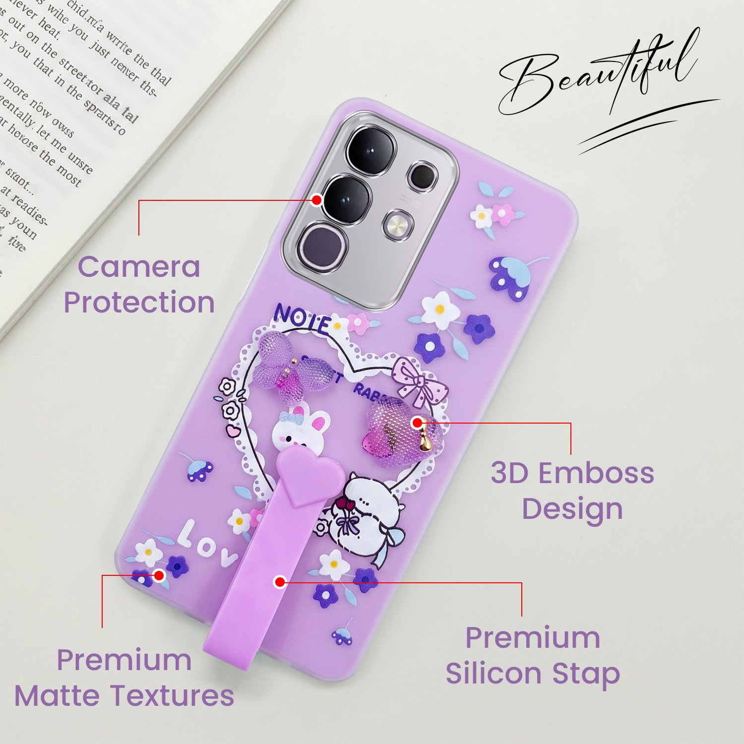 For Vivo T4x | Vivo Y31 Pro Back Cover Case (3D Cute Heart Strap Holder | Camera Protection | Designer Girls Print)
