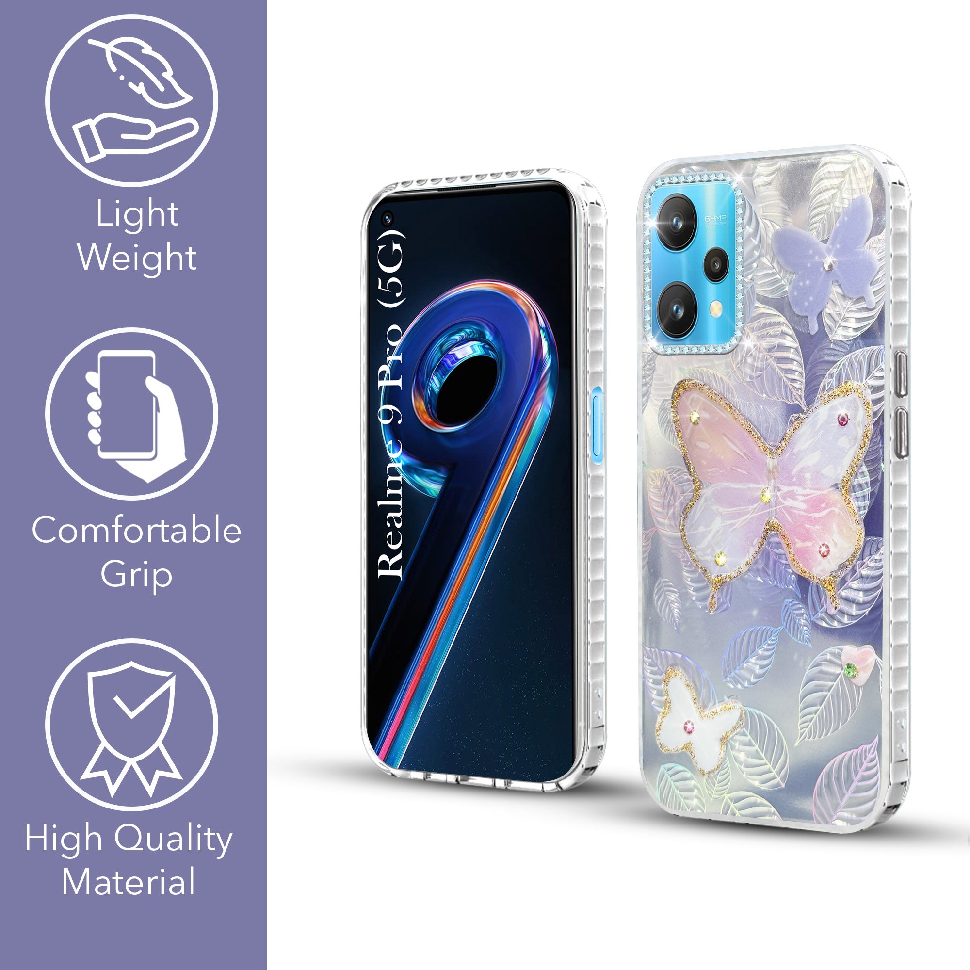 For Realme 9 Pro Back Cover Case (Luxury Floral Glitter Cute Butterfly | Diamond Studded Camera Bump | Girls & Women Design)